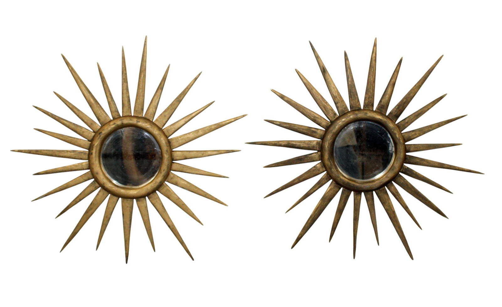 Pair of Italian sunburst mirrors from a theatre in wood with painted finish: Pair of Italian sunburst mirrors in wood with painted finish. From a theatre. Late 20th century. 36" diam. Weight: 9lbs each.