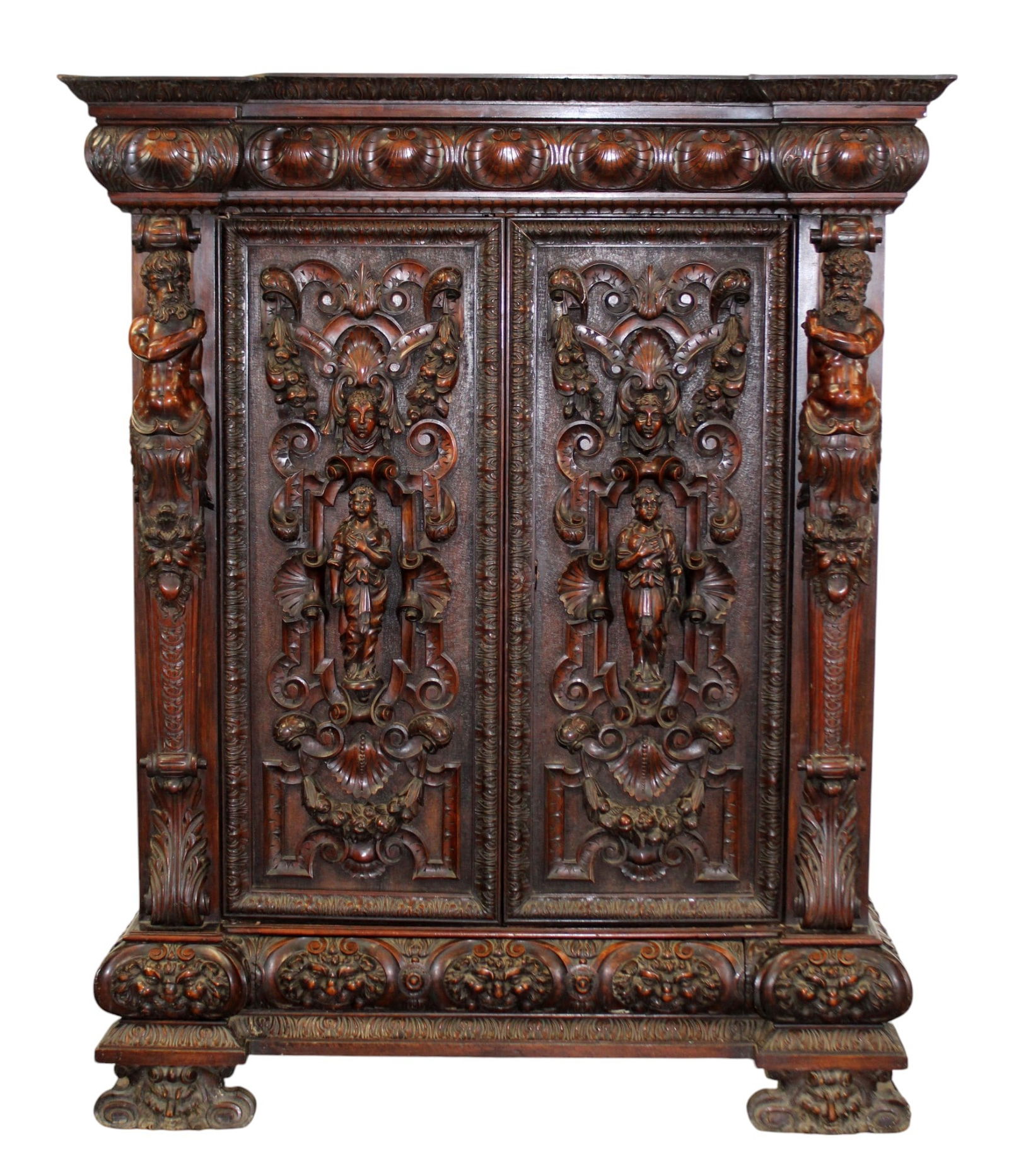 Italian Mannerist heavily carved 2 door cabinet with Atlas figures (1 of 12)
