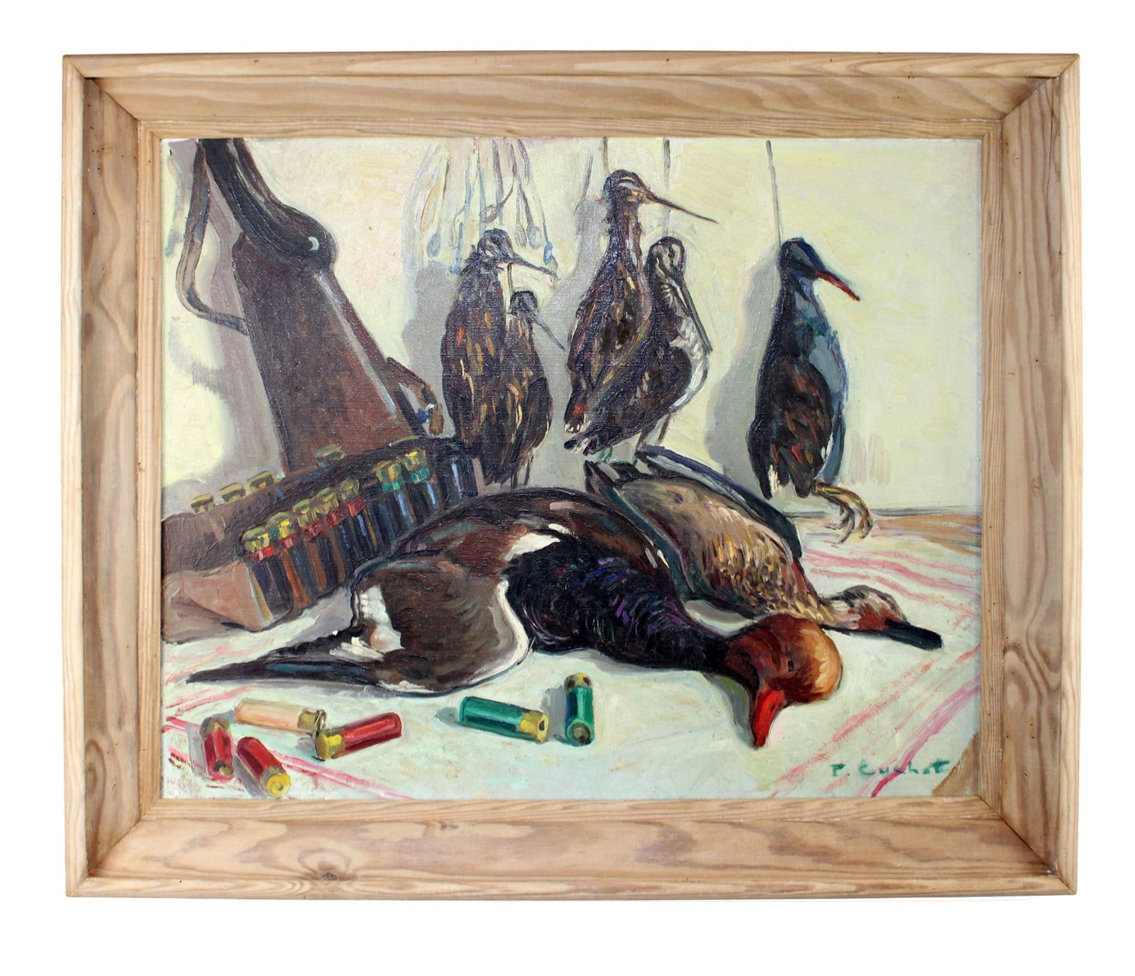 French oil on canvas hunt motif painting still life with ducks: French oil on canvas hunt motif painting still life with ducks. Signed l/r P. Cuchet. (Paul Cuchet, French 1895-1986). 20 1/4"h x 25 5/8"w Framed 26 x 30 1/4"w. Weight: 6lbs.