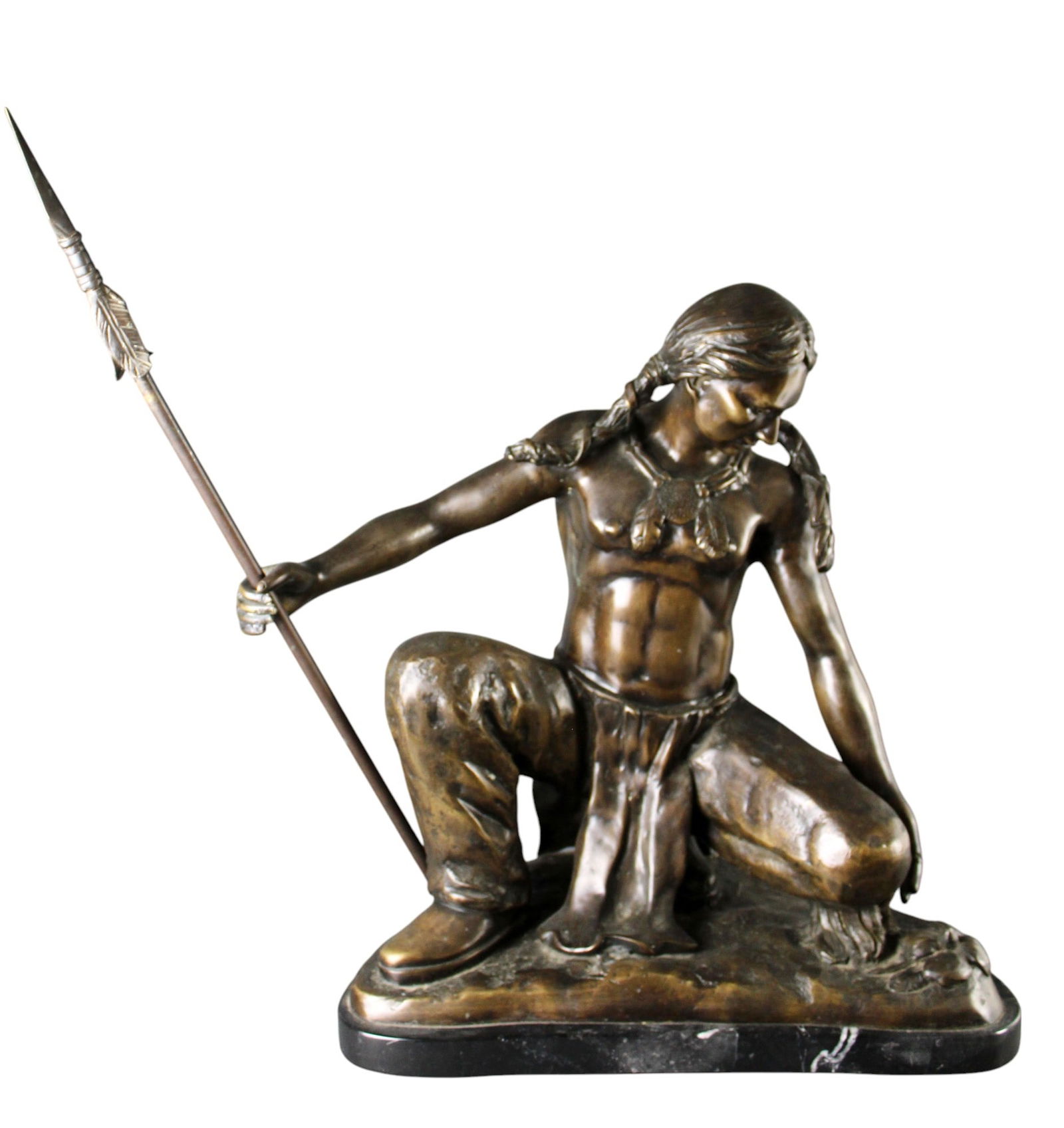 Bronze Indian warrior sculpture on marble base (1 of 12)