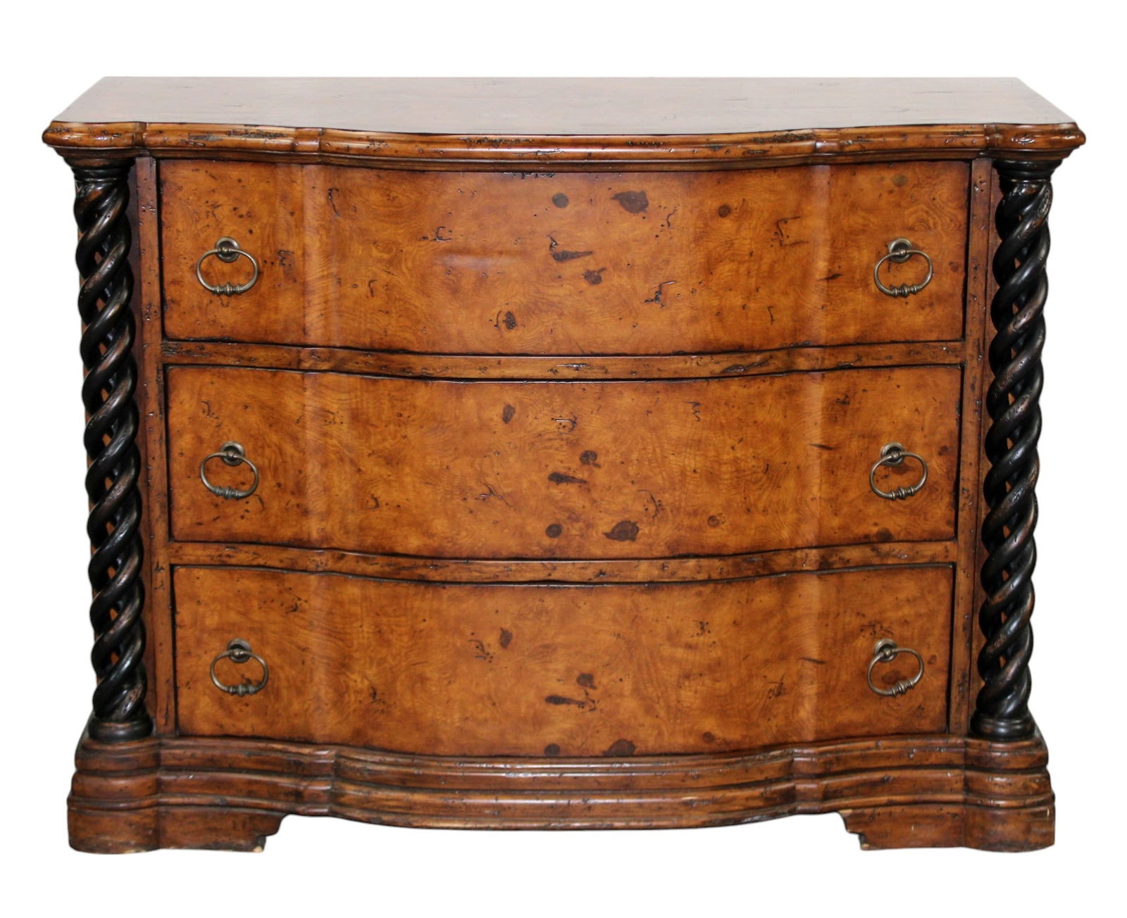 Burled elm 3 drawer chest with barley twist columns: Burled elm 3 drawer chest with barley twist columns. Modern. 34 1/8"h x 45 7/8"w x 20"d.