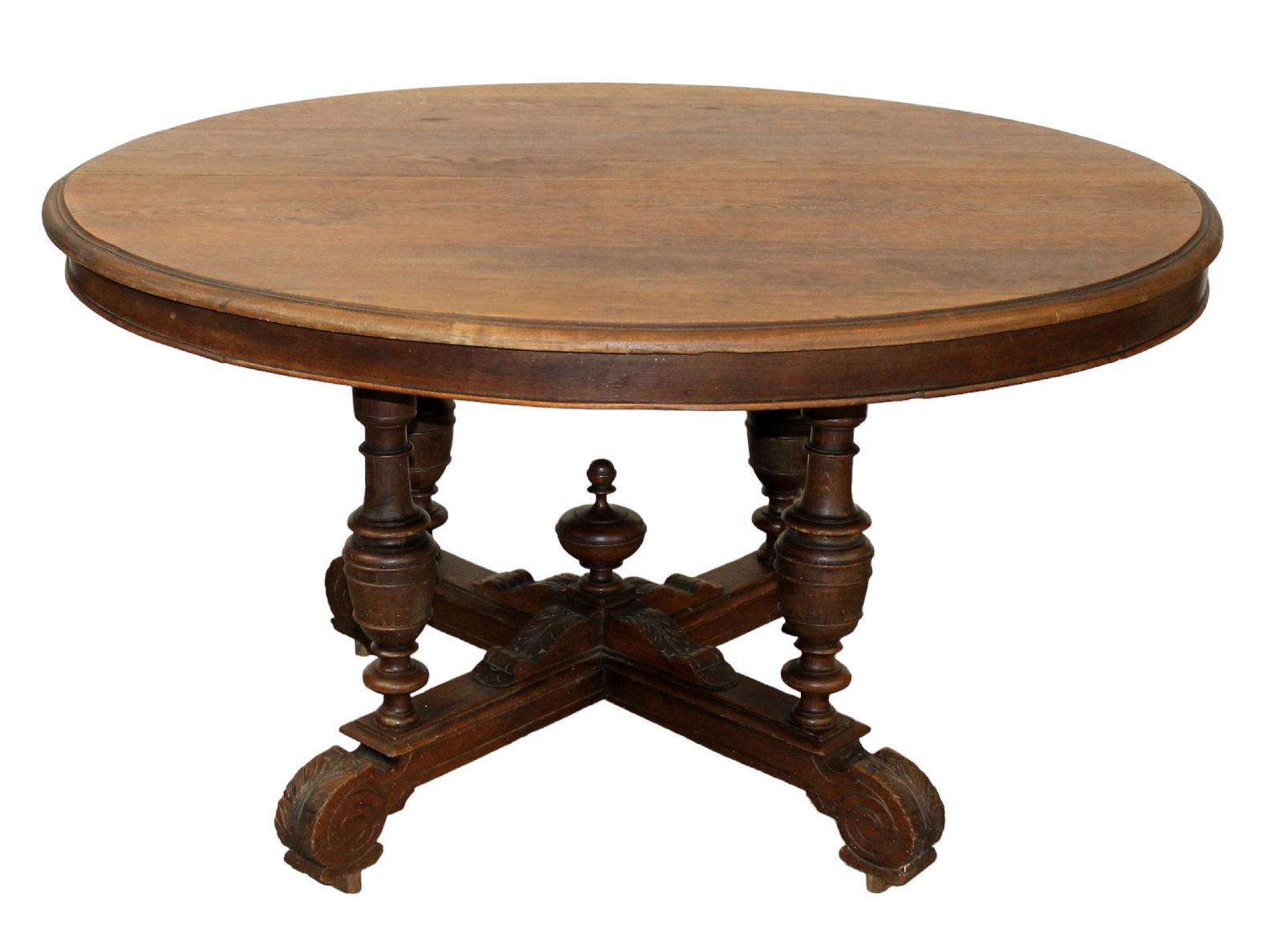 French oval foyer table in oak with column base and center urn finial (1 of 8)