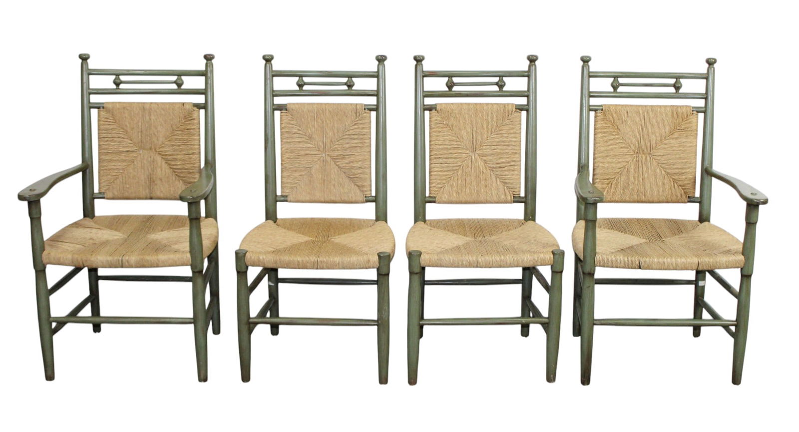 Set of 4 French Heritage chairs painted green with rush seats (2 arm, 2 side) (1 of 8)