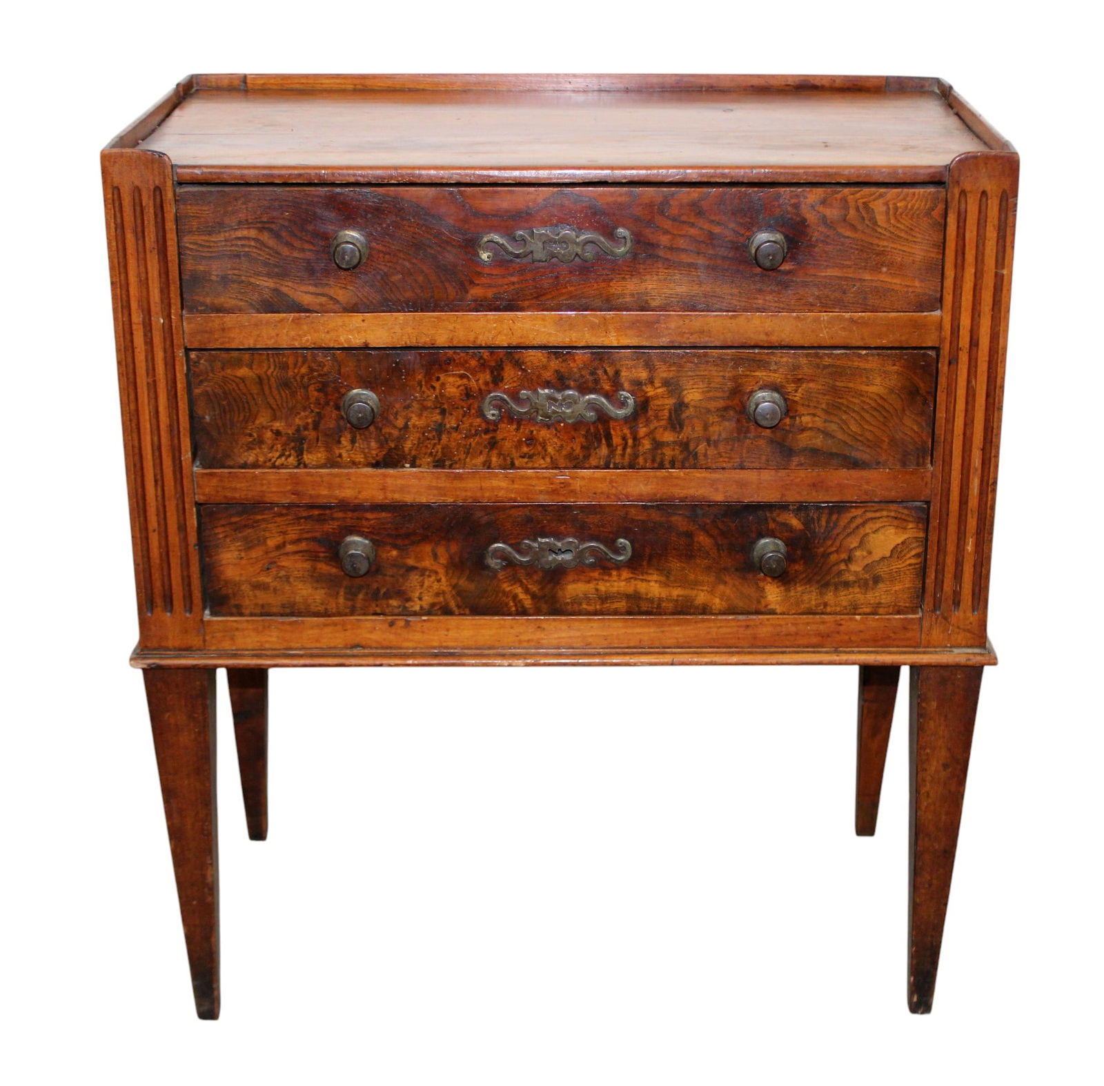 French petite 3 drawer commode in walnut on tapered legs (1 of 12)