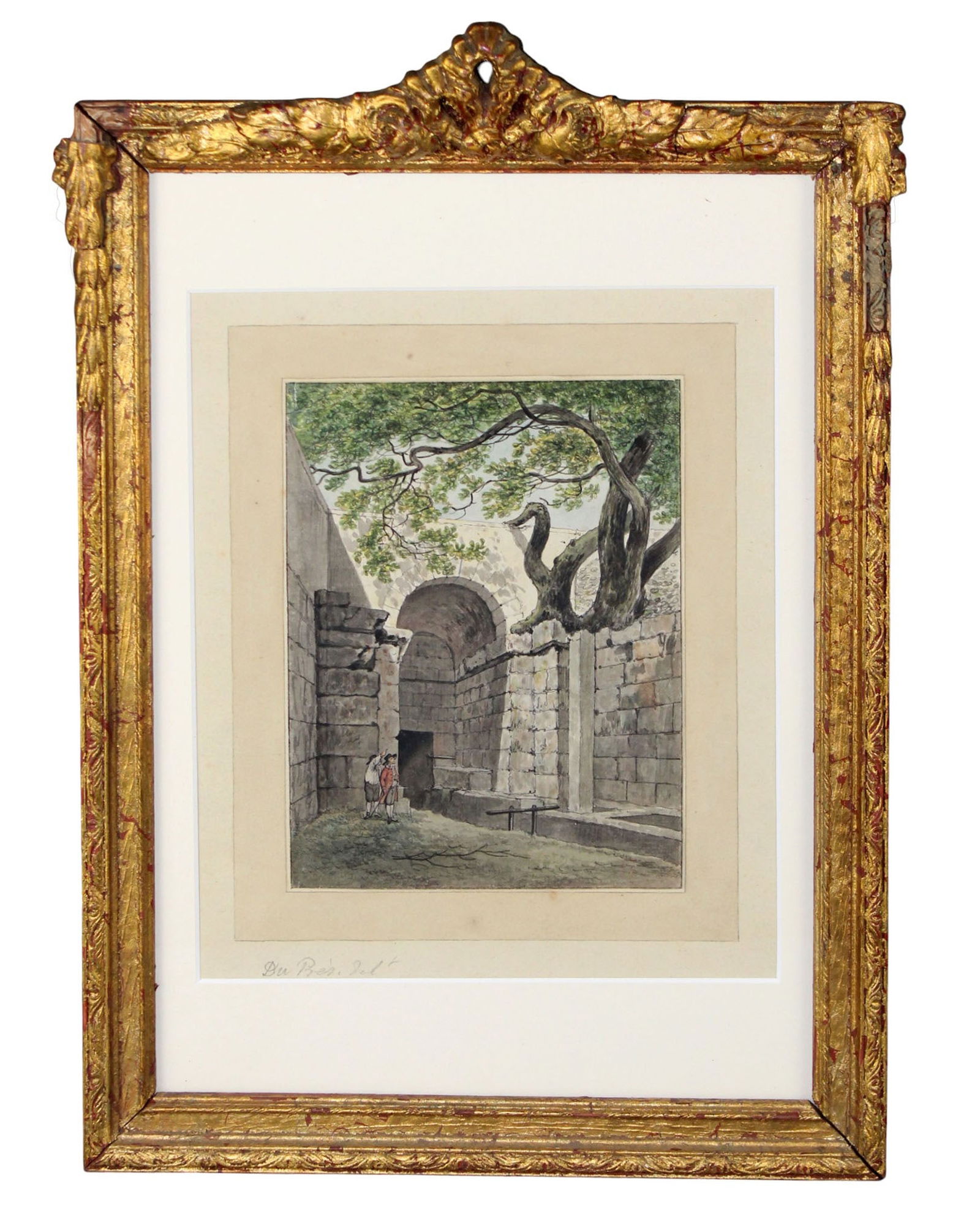 French watercolor painting on paper courtyard scene (1 of 9)