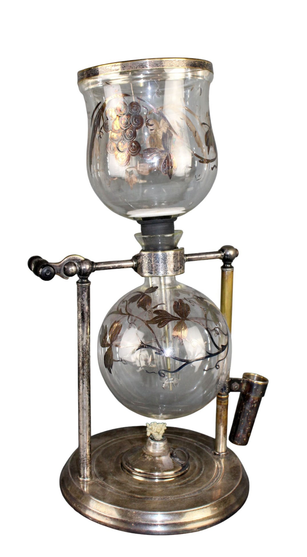 Vintage Hellem Percolation coffee maker with hand painted glass: Vintage Hellem Percolation coffee maker with hand painted glass vessels. Patent date April 25th 1916. 8 1/2"h x 9 1/2"w Weight: 5lbs