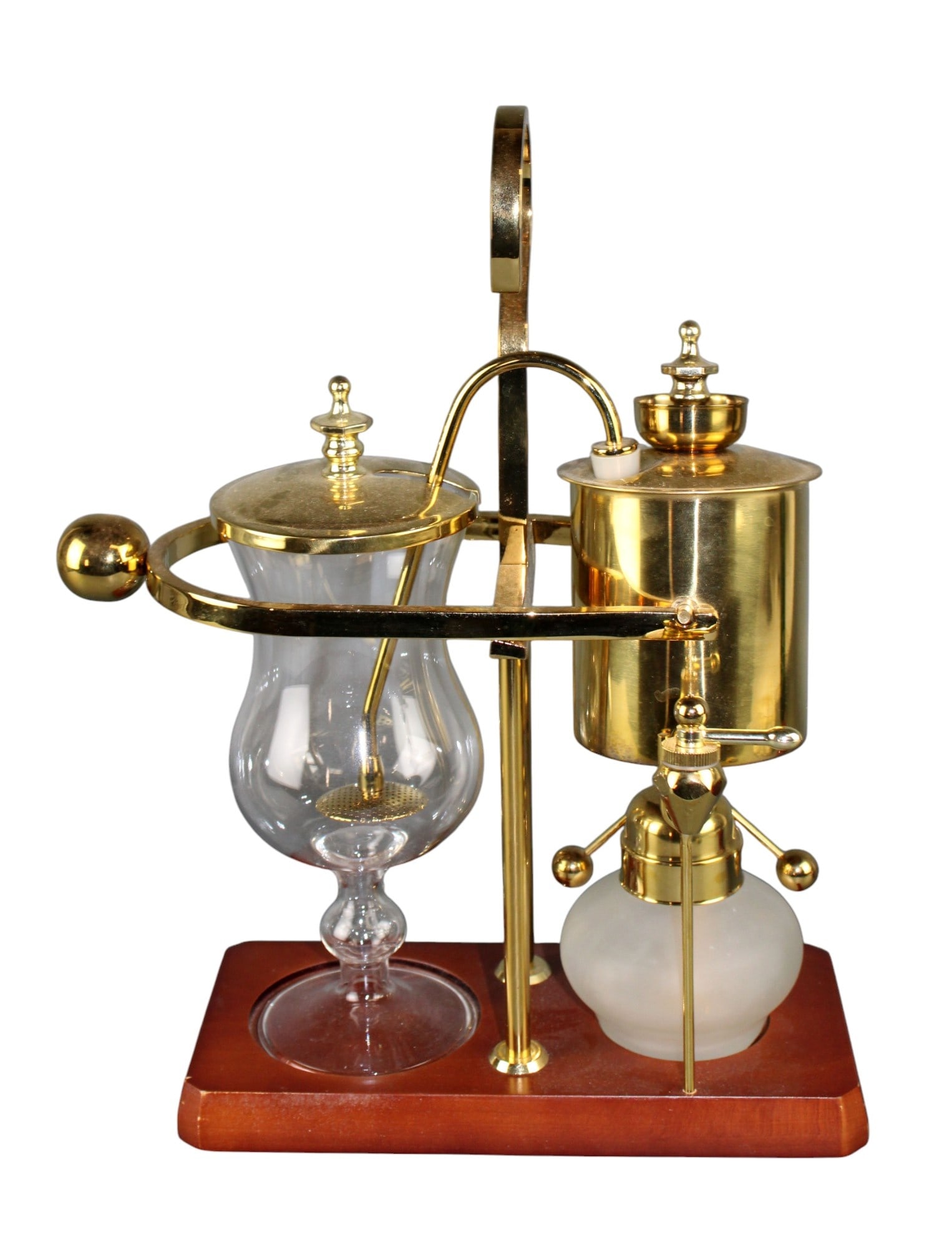 Belgian siphon coffee maker in brass and glass: Belgian siphon coffee maker in brass and glass on wooden base. 15"h x 10"w x 5"d Weight: 5lbs