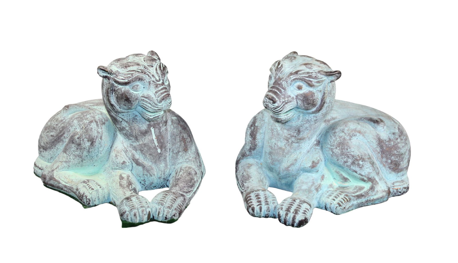 Pair of verdigris brass seated tiger statues (1 of 7)