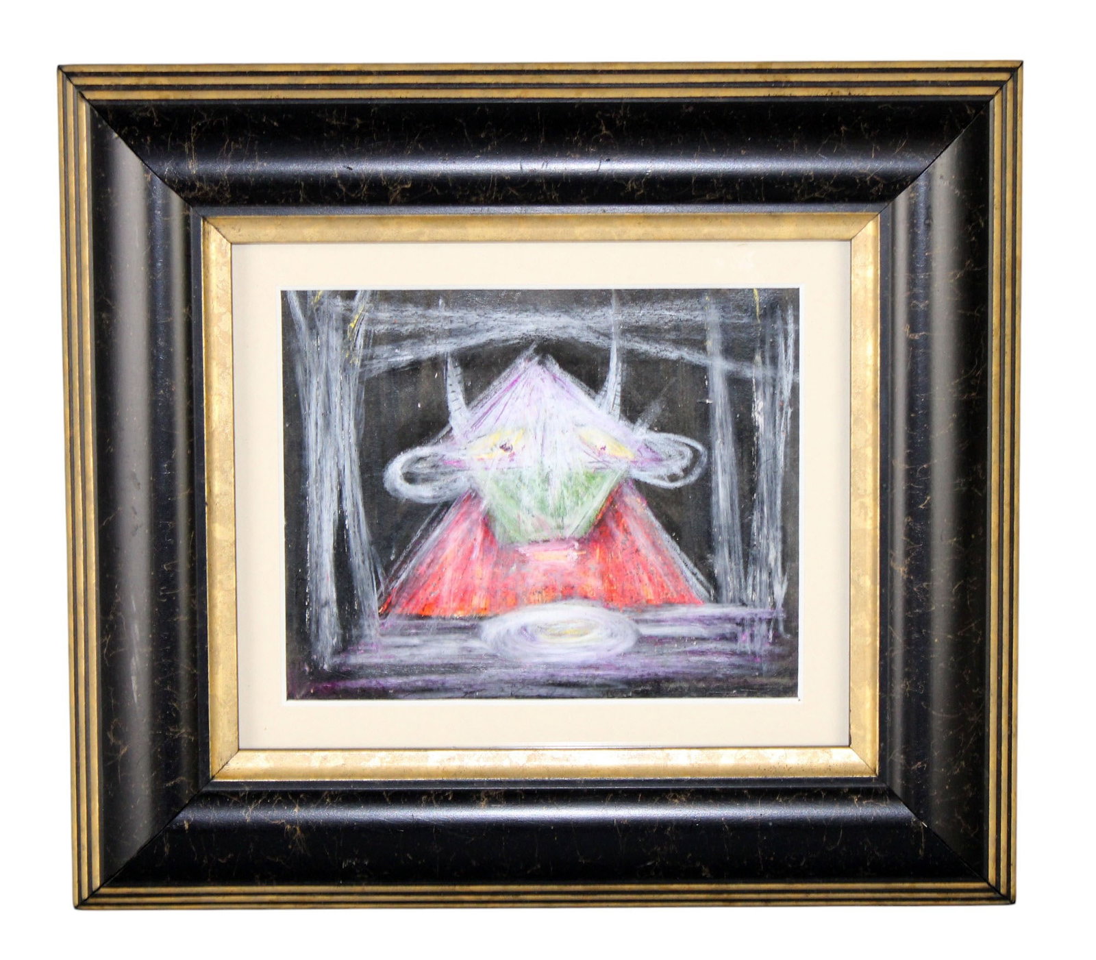 Miniature oil pastel on paper painting depicting a Bull: Miniature oil pastel on paper painting depicting a Bull. Overall 9 1/2"h x 10 3/4"w Weight: 1lb