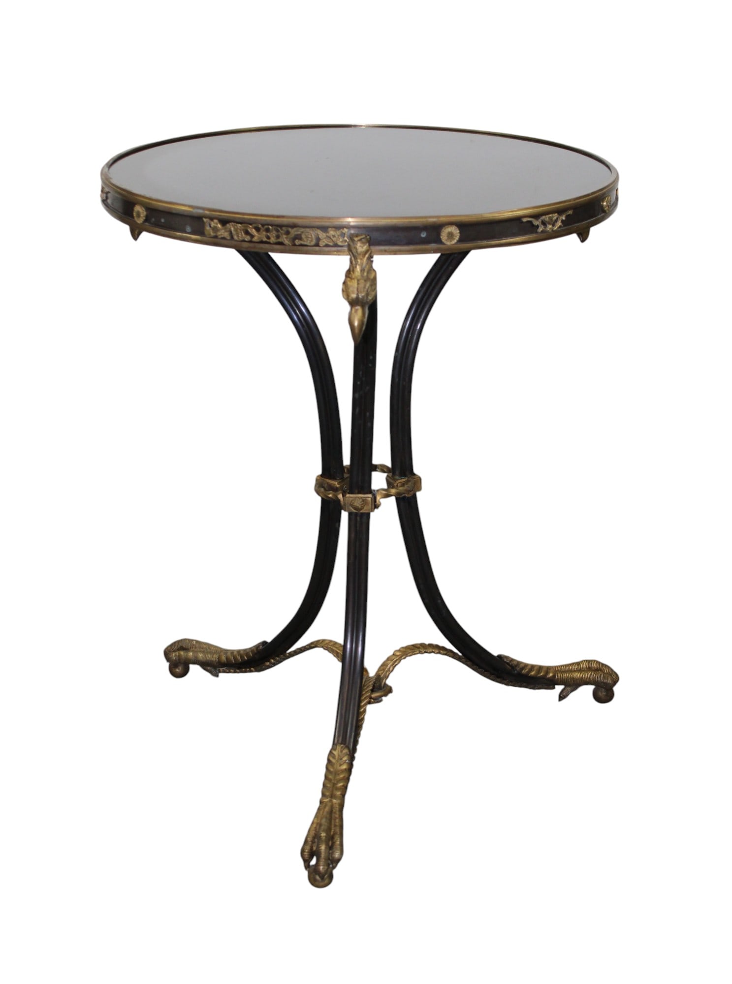 Circular gueridon table with black marble top on iron with cast eagle heads (1 of 8)