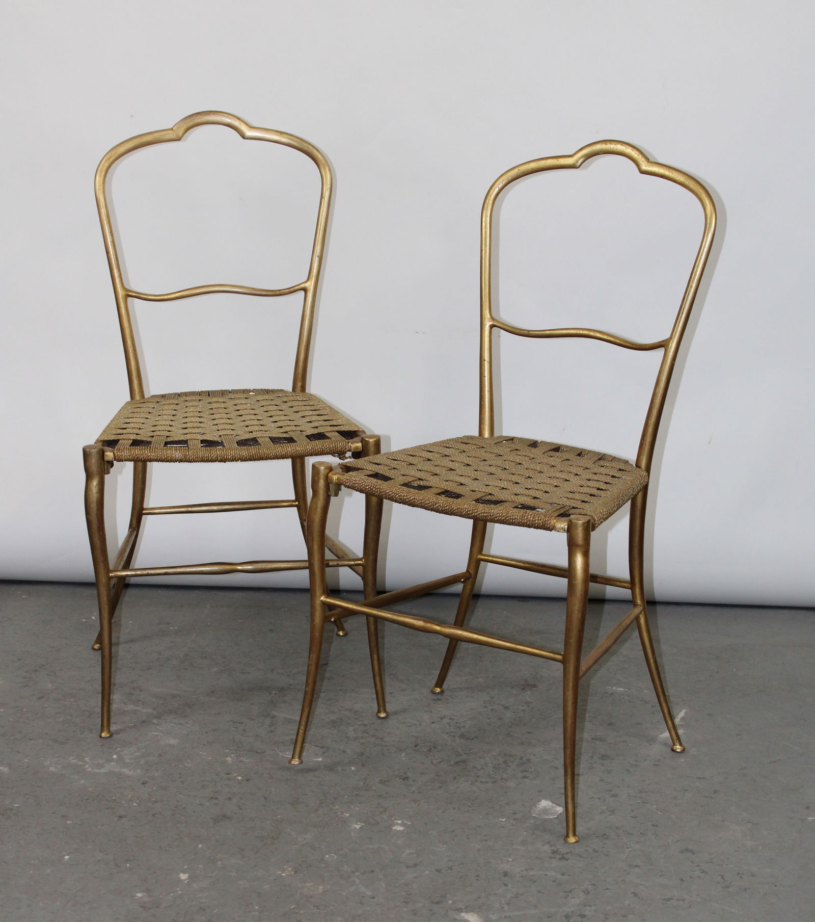 Pair of Italian Palladio gilt metal side chairs with rope seats (1 of 7)