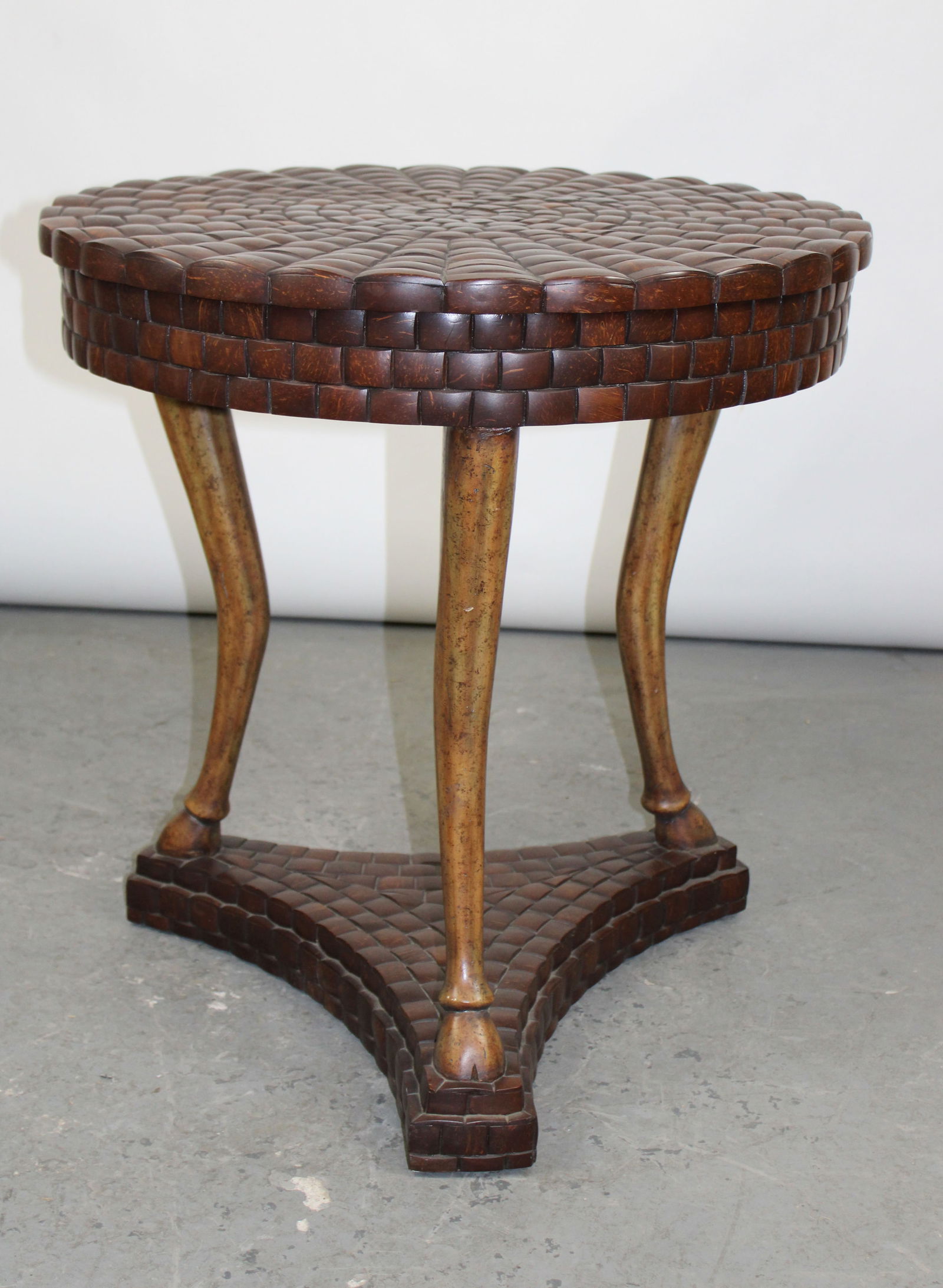 Maitland Smith circular side table on tri-ped base with hooved feet (1 of 5)