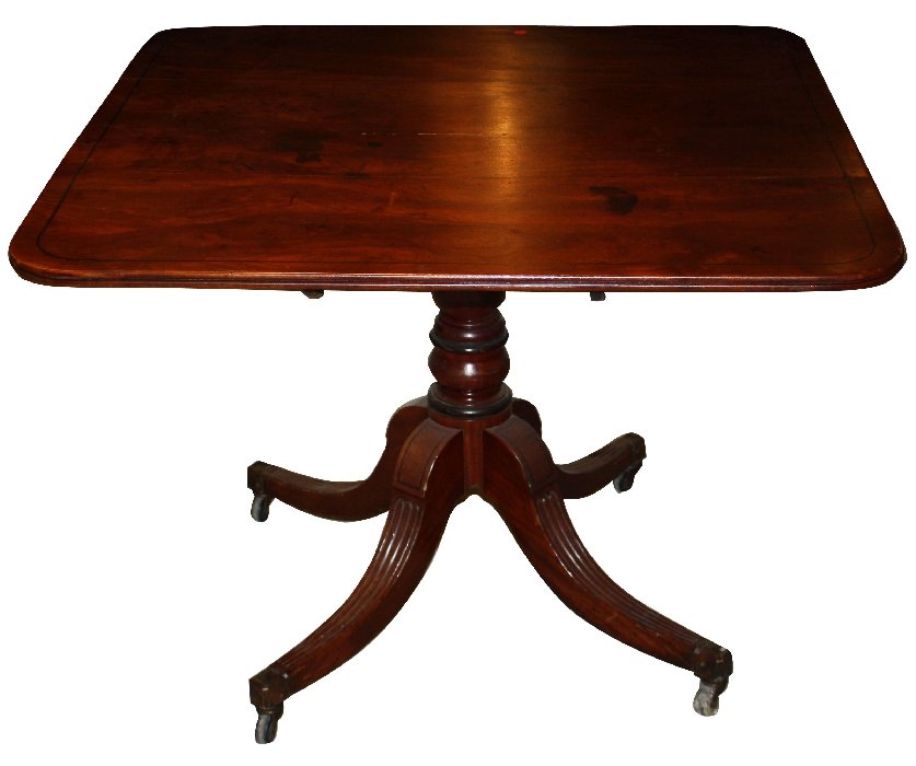 English 19th century square mahogany tilt-top: breakfast table on pedestal base. 29 1/8"h x 40 1/2"w x 40"d