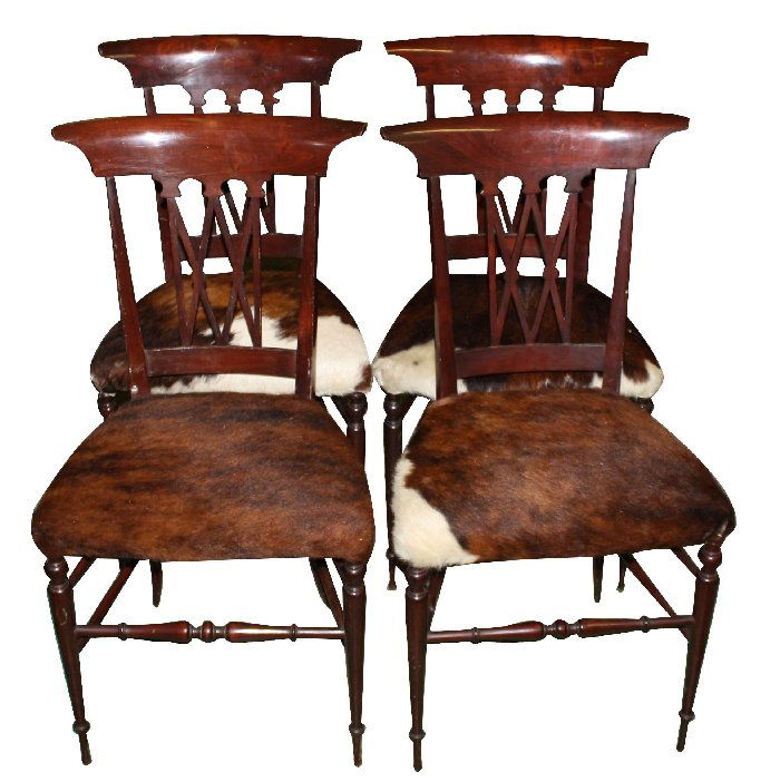 Set of 4 Italian Chiavari "Tiffany" chairs with cow: hide upholstered seats. Mid-20th century. 34 1/2"h x 17 1/2"w x 16"d