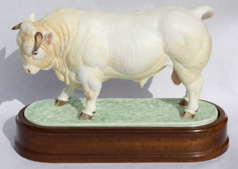Royal Worcester limited edition - Charolais Bull,: 1968 English bone china figurine. On Wooden plinth. 8 1/4"h x 10 1/2"l