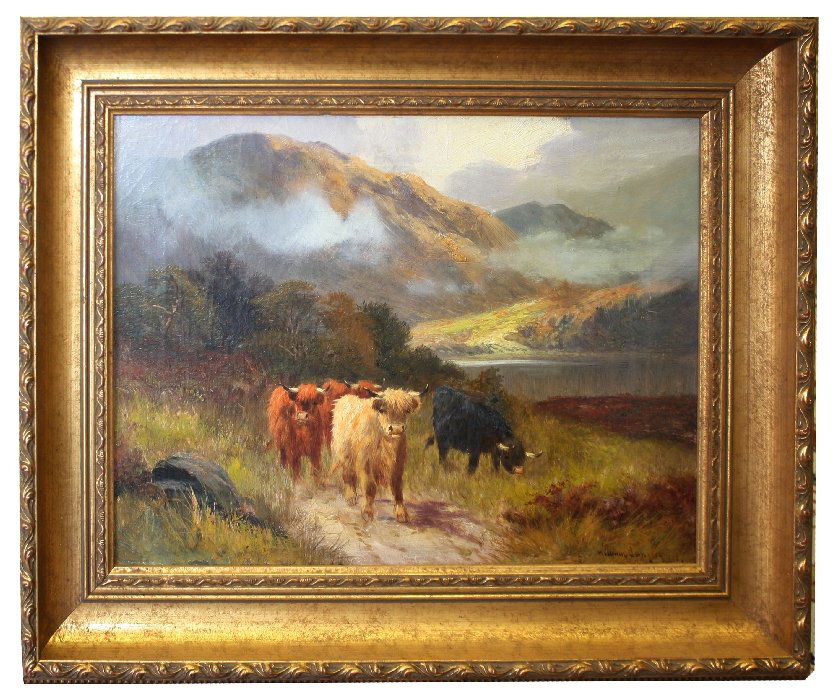William Langley oil on canvas-pastoral landscape: with cows in pasture. Signed l/r William Langley (1852-1922). In period gilt frame. 9"h x 12 7/8"w