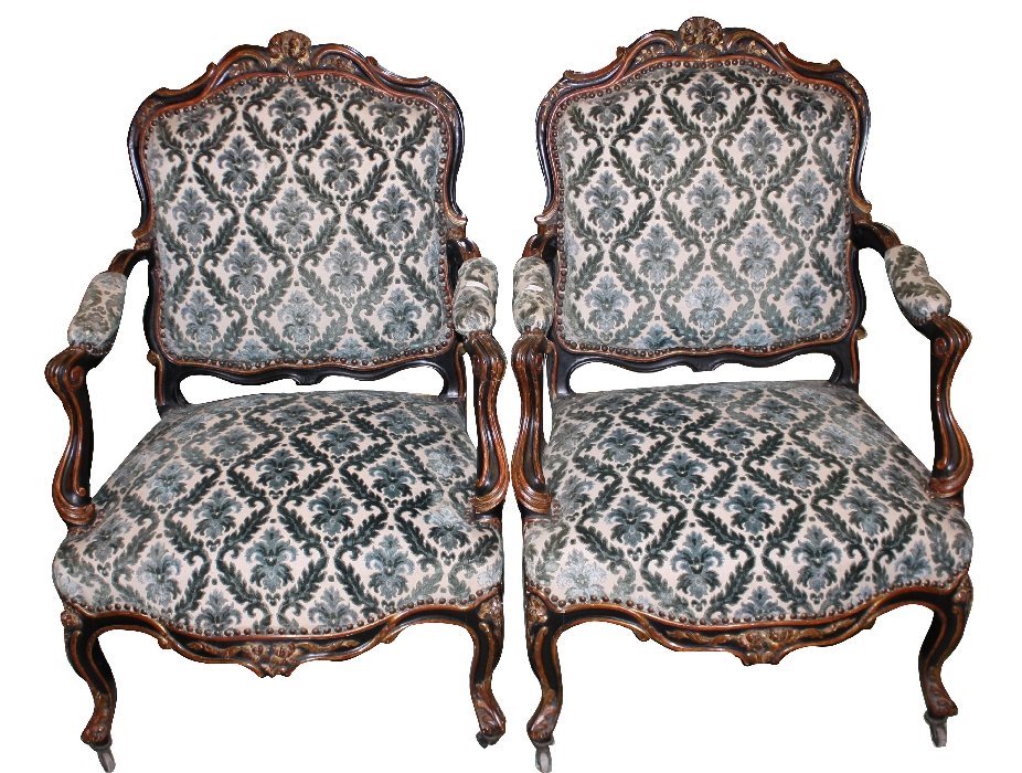 Pair of French 19th c Louis XV fauteuils a la rein: with ebonized detailing and velvet damask upholstery. 19th century. 38 1/2"h x 21 3/4"w