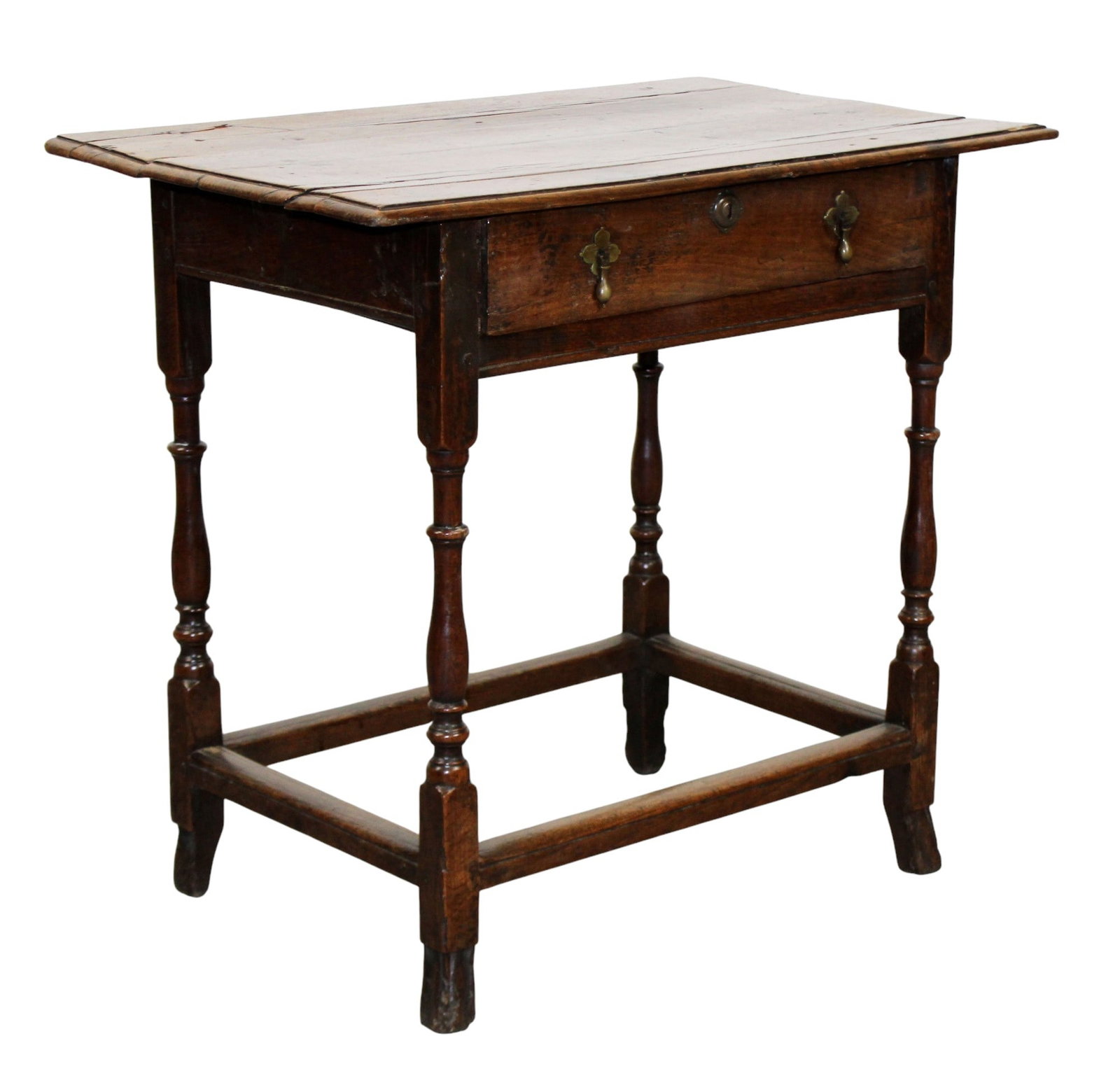 Early English side table desk in walnut: Early English side table desk in walnut on turned legs with drawer. Late 18th century. 28 1/4"h x 30 3/4"w x 19 1/4"d