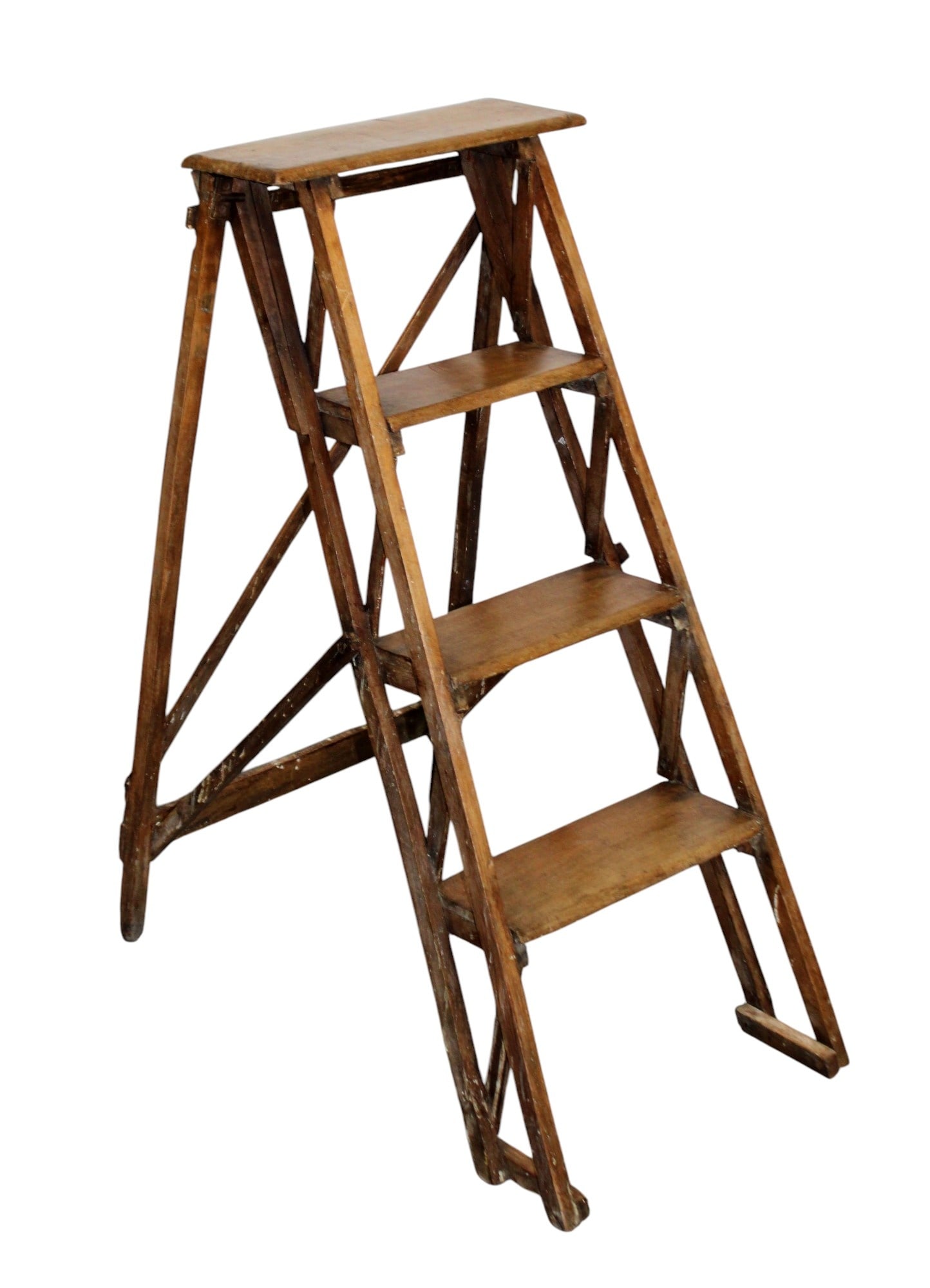 French folding 4 step library ladder: French folding 4 step library ladder. Mid 20th century. 35 1/2"h x 27"w x 17"Folded 42"h x 27"w x 17"d