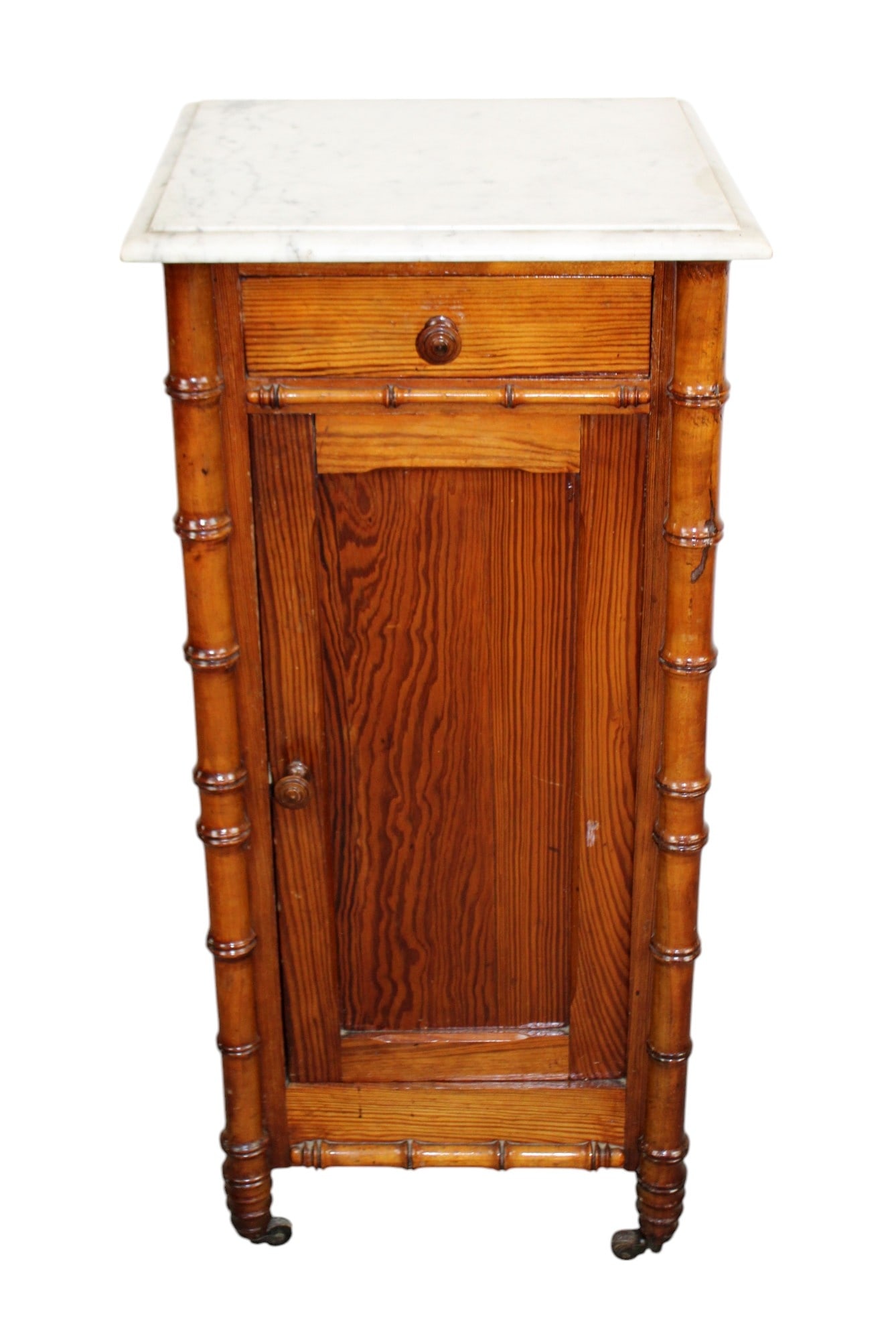 French faux bamboo chevet in pine with a marble top: French faux bamboo chevet in pine with marble top. Late 19th century. 34"h x 16" sq