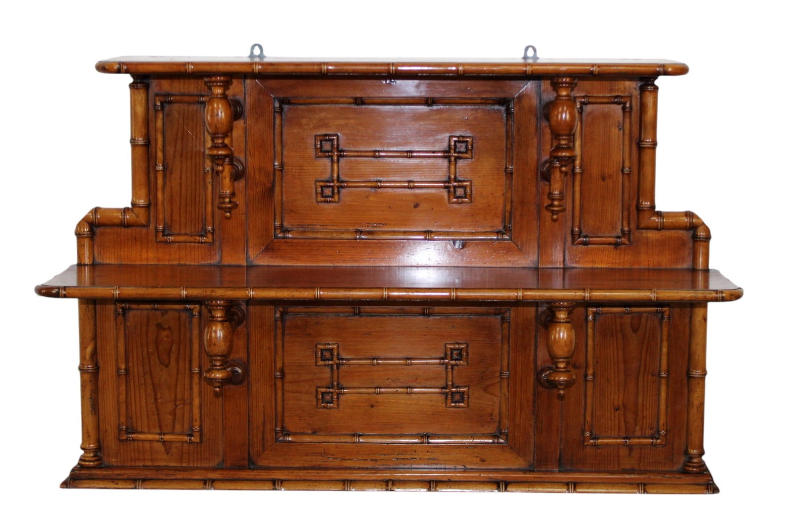 French faux bamboo tiered wall shelf in pine: French faux bamboo tiered wall shelf in pine. Early 20th century. 27 1/2"h x 39 1/2"w x 9 1/2"d