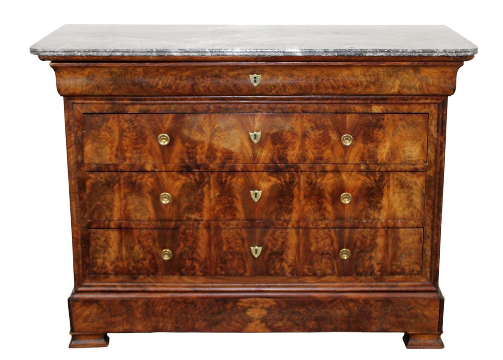 French Louis Philippe commode in burl walnut with a marble top: French Louis Philippe commode in burl walnut with marble top. Late 19th century. 37 3/4"h x 51"w x 22"d