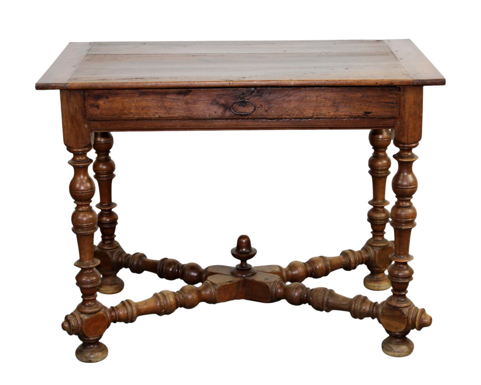 French Louis XIII side table desk with crossed stretcher: French Louis XIII side table desk with crossed stretcher. 19th century. 29 1/2"h x 39"w x 23 1/2"d