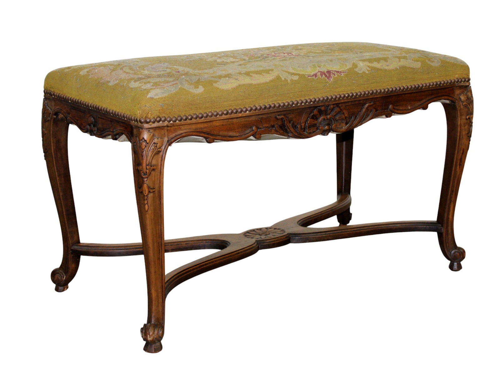 French Louis XV style bench in walnut with needlepoint seat: French Louis XV style backless bench in walnut with needlepoint seat. Late 19th century. 20 1/8"h x 33 1/2"w x 17 1/2"d