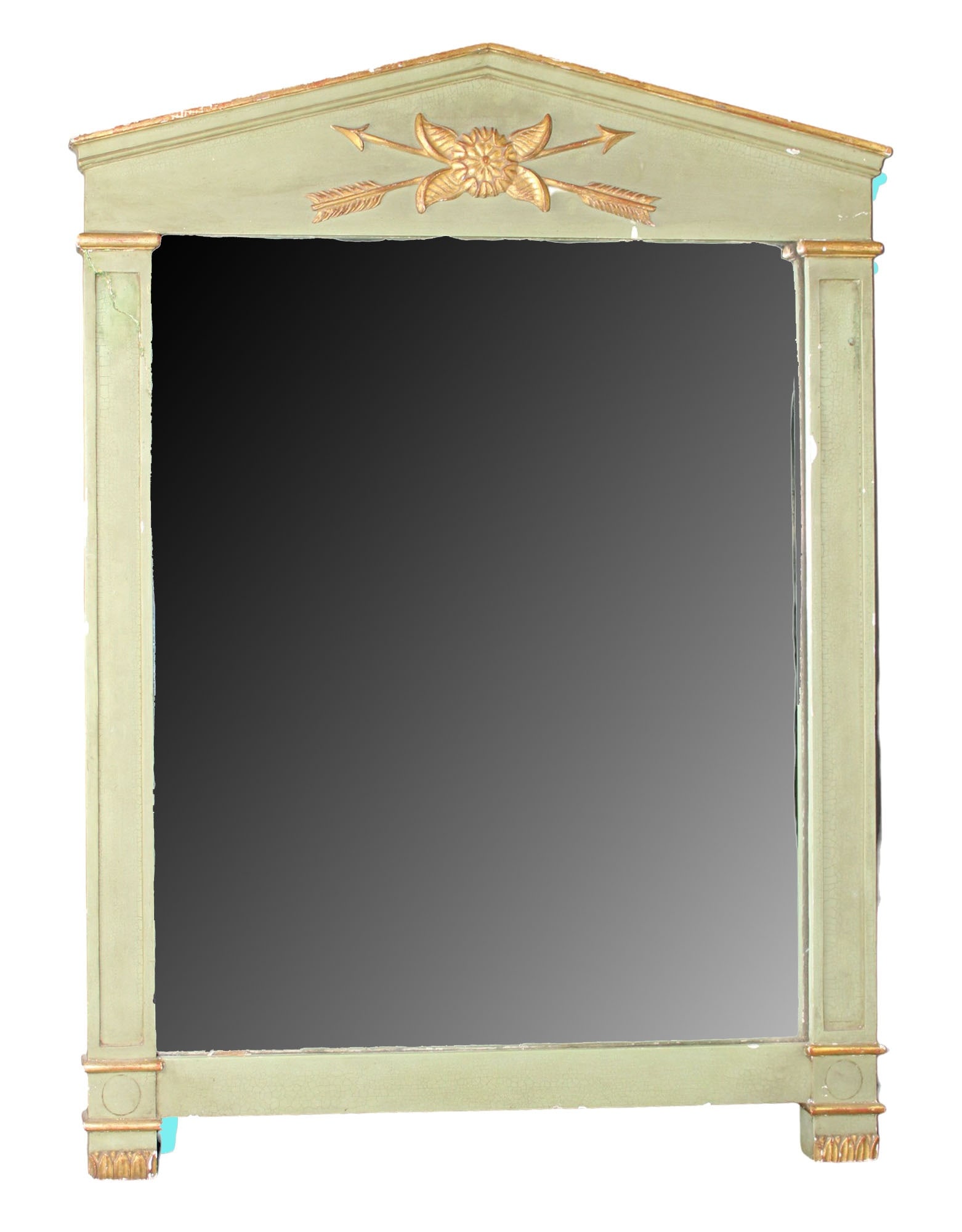 French Directoire style trumeau mirror with flower and crossed arrows: French Directoire style trumeau mirror with flower and crossed arrows. Early 20th century. 31 5/8"h x 24 5/8"w x 2 1/2"d. Weight: 5lbs.