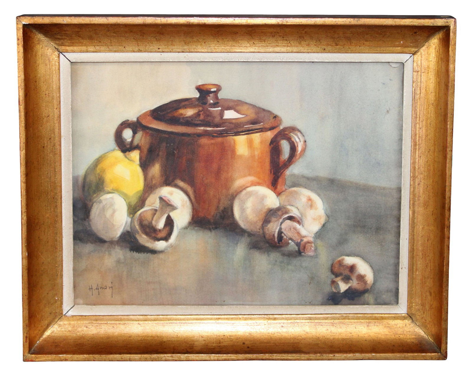 French watercolor on paper still life painting with mushrooms and stock pot: French watercolor on paper still life painting with mushrooms and stock pot - signed l/l H. Andre.. Overall: 12 1/2"h x 15 5/8"w x 1 7/8"d. Sight: 9 1/8"h x 12 1/4"w. Weight: 2lbs.