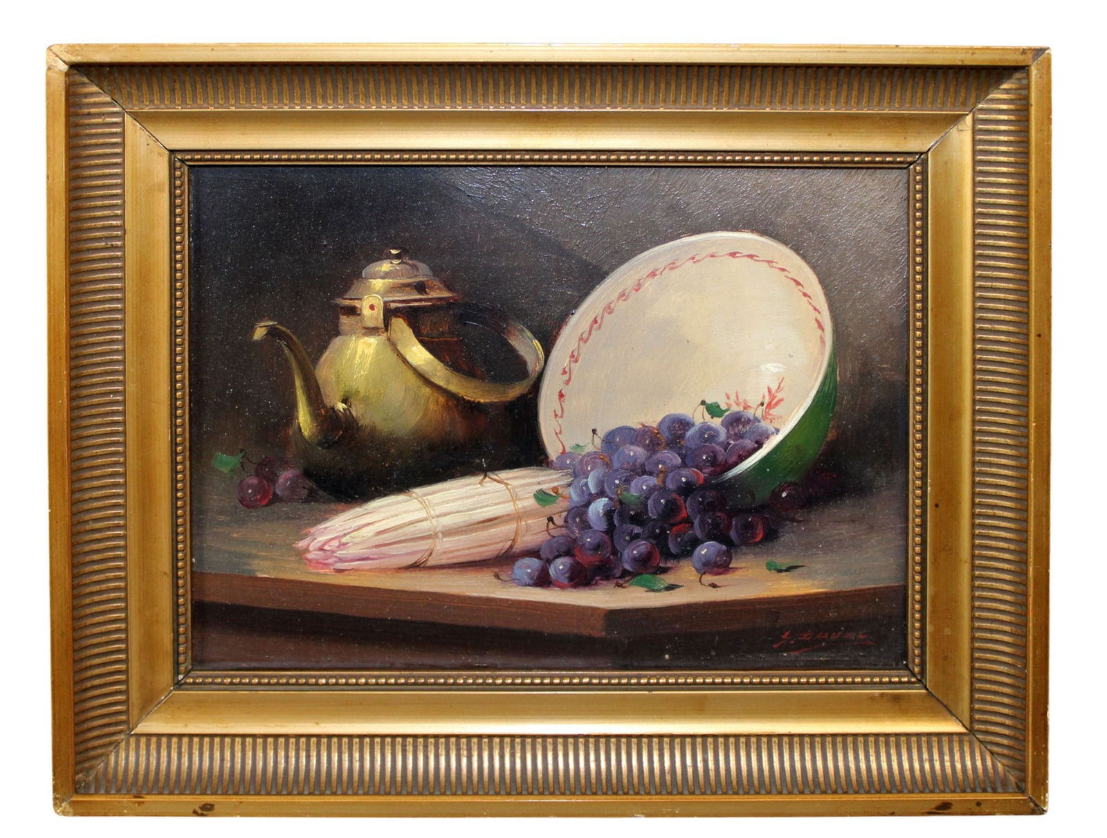 French Georges Duval (1920 - 1993) diminutive oil on board still life painting: French Georges Duval (1920 - 1993) diminutive oil on board still life painting of grapes and a tea pot - signed l/r. Overall: 7 3/4"h x 9 5/8"w x 1 1/2"d. Sight: 5 1/8"h x 7 1/8"w. Weight: < 1lb.