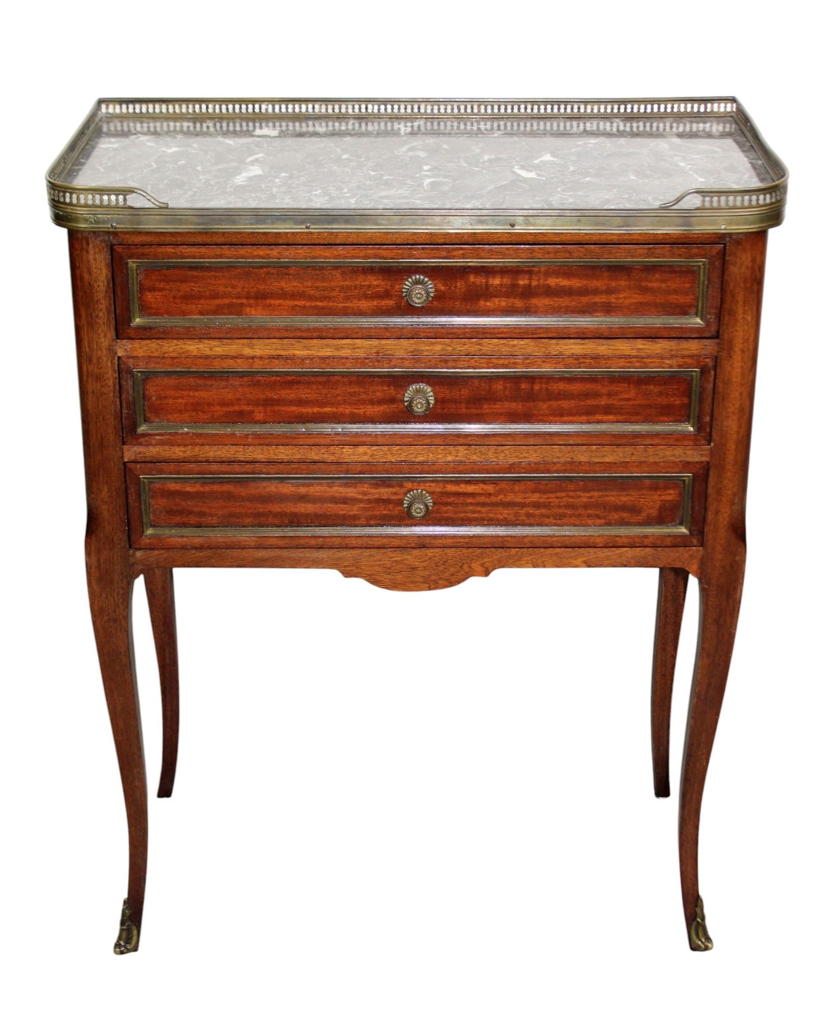 French Louis XVI petite 3 drawer commode: French Louis XVI petite 3 drawer commode. In mahogany with bronze trim, a marble top and brass gallery. Early 20th century. 29 3/4"h x 23 1/2"w x 12 1/4"d