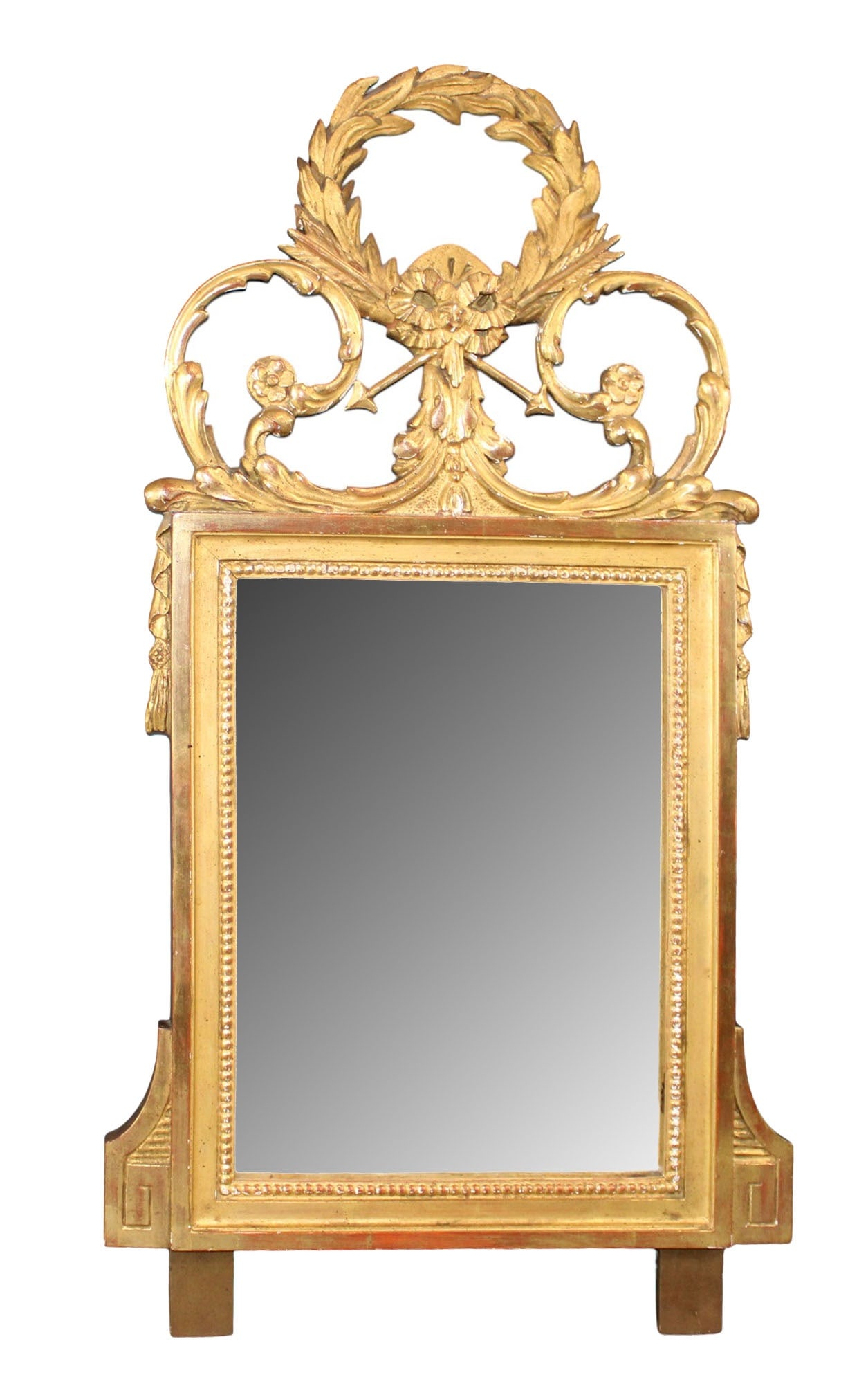 French Louis XVI style giltwood mirror: French Louis XVI style giltwood mirror with crossed arrows, bow, and wreath crest. Early 20th century. 31 5/8"h (approx.) x 16 7/8"w x 2 1/2"d (approx.). Weight: 6lbs.