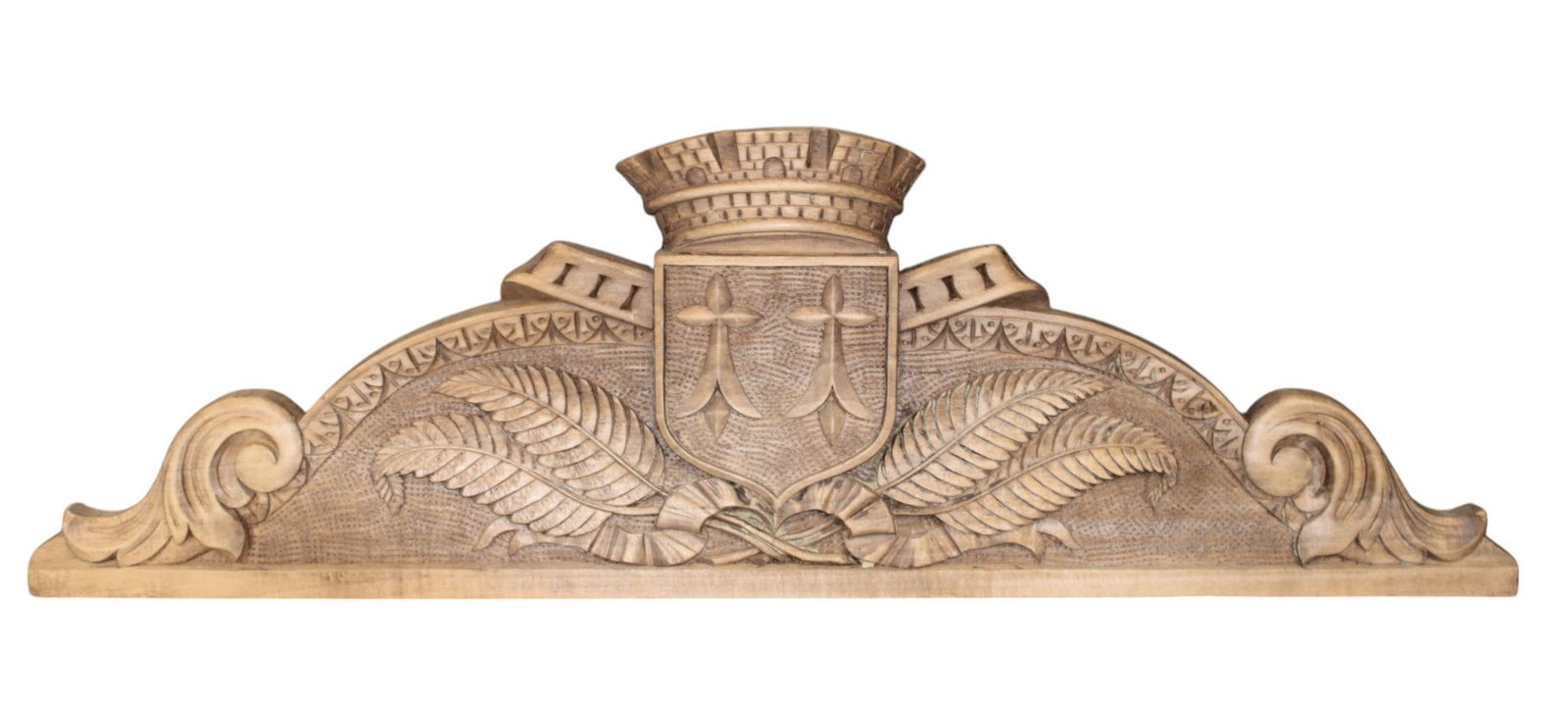 French carved walnut overdoor crest with coat of arms and crown: French carved walnut overdoor crest with coat of arms and crown. Early 20th century. 9"h x 28 1/2"w x 1 1/8"d. Weight: 2lbs.