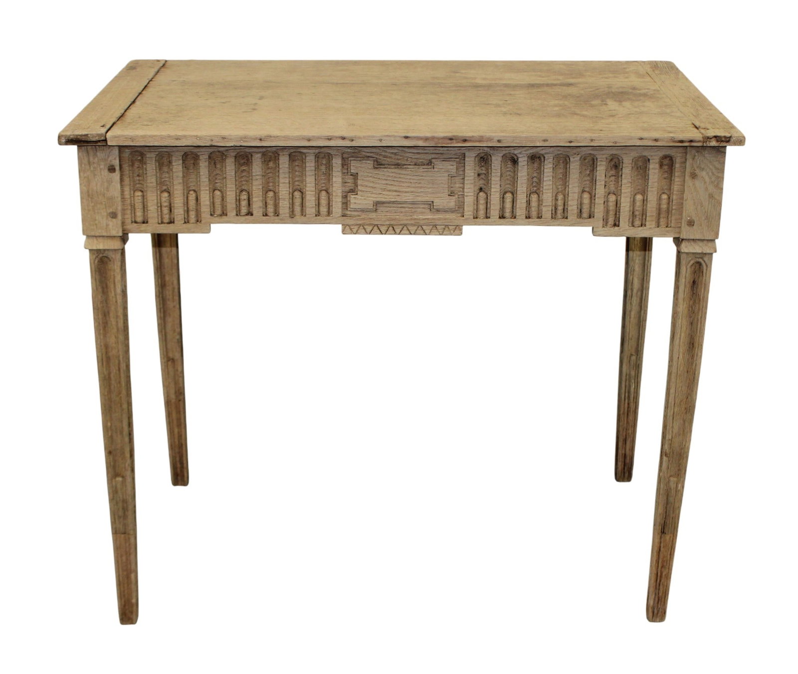French Louis XVI style tapered leg side table: French Louis XVI style tapered leg side table in bleached oak. 29 1/8"h x 35 1/4"w x 23 1/4"d
