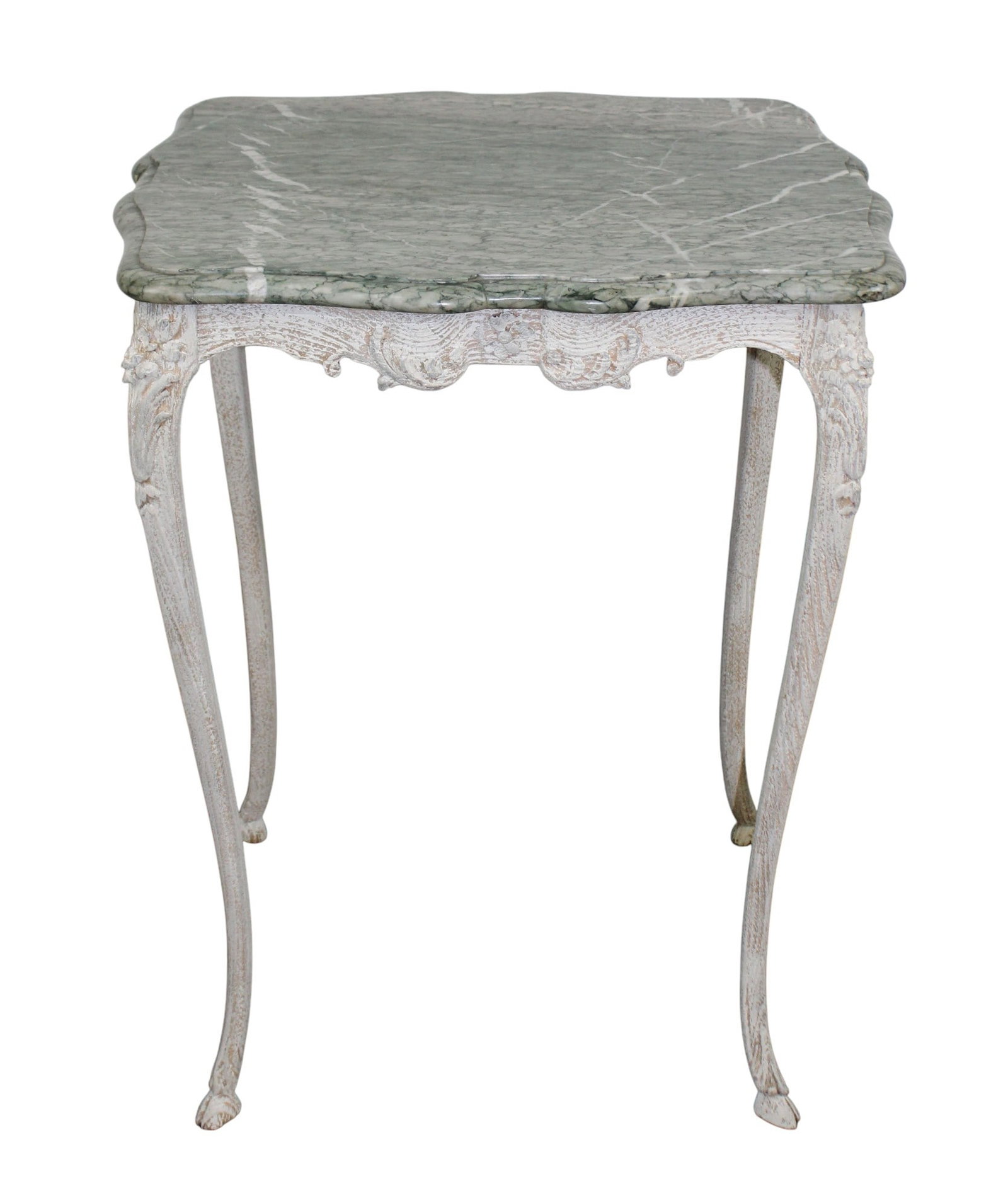 French Louis XV style painted side table with marble top: French Louis XV style painted oak side table with marble top. On cloven feet. Late 19th century. 29"h x 24"w x 20 1/2"d