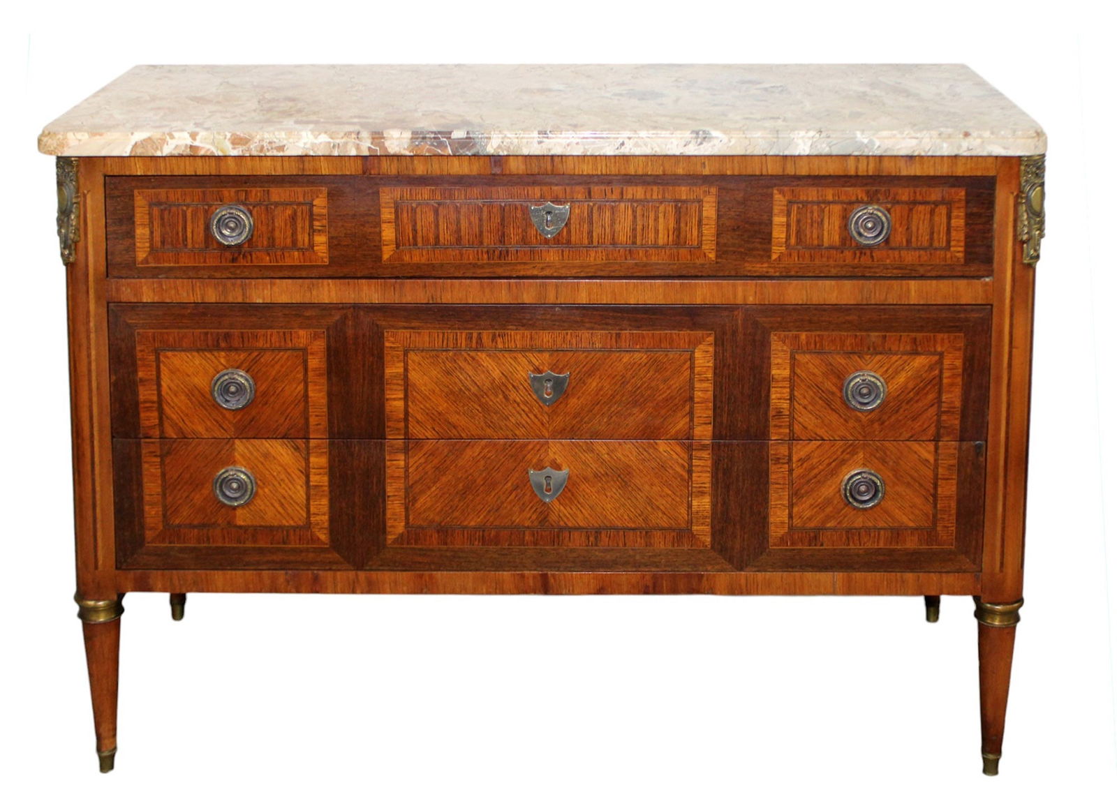 French Louis XVI style marquetry commode: French Louis XVI style marquetry 3 drawer commode with marble top. Early 20th century. 34"h x 47"w x 20 1/4"d