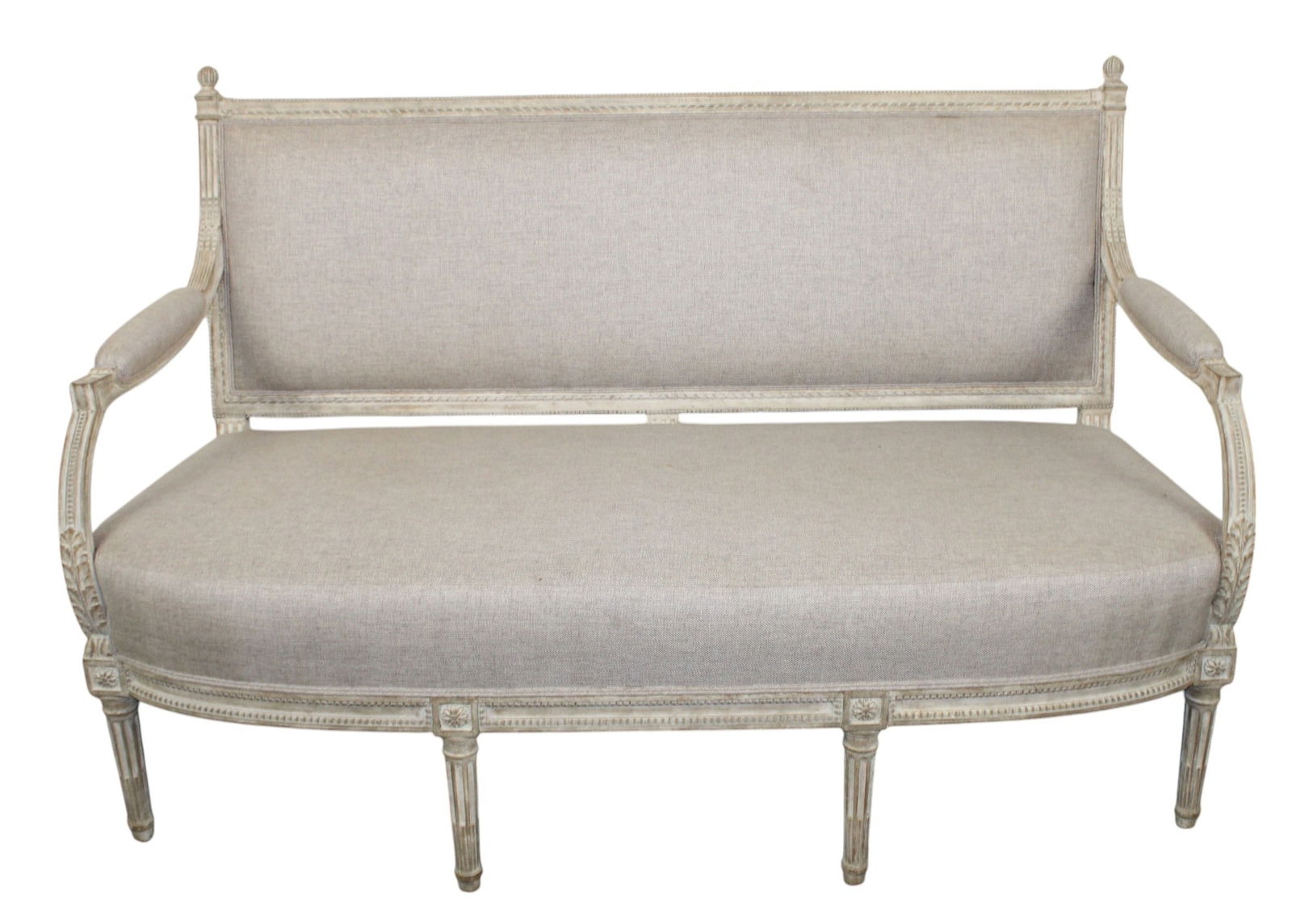 French Louis XVI style canape sofa in painted finish: French Louis XVI style canape sofa in painted finish. New upholstery. Late 19th century. 37 1/2"h x 56 1/2"w x 22 1/2"d, seat height 18".