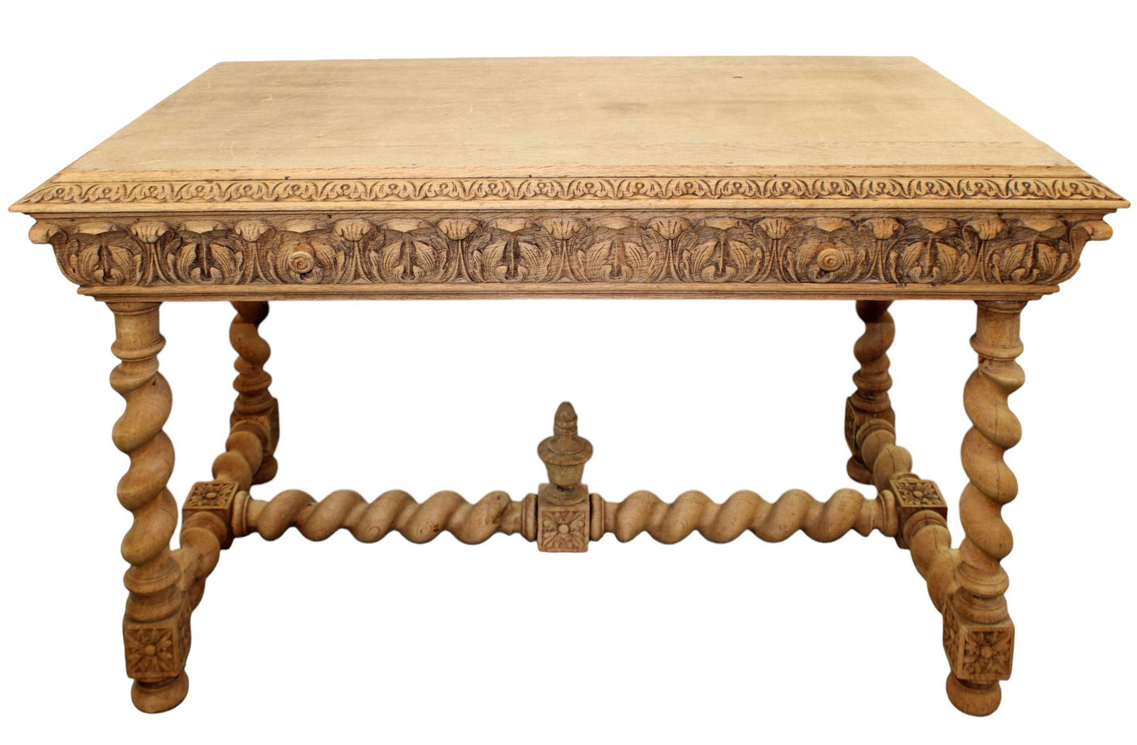 French Louis XIII bureau plat desk in bleached oak: French Louis XIII bureau plat desk in bleached oak. On barley twist base and stretcher and center urn finial. Single drawer, Late 19th century. 30"h x 51"w x 31"d