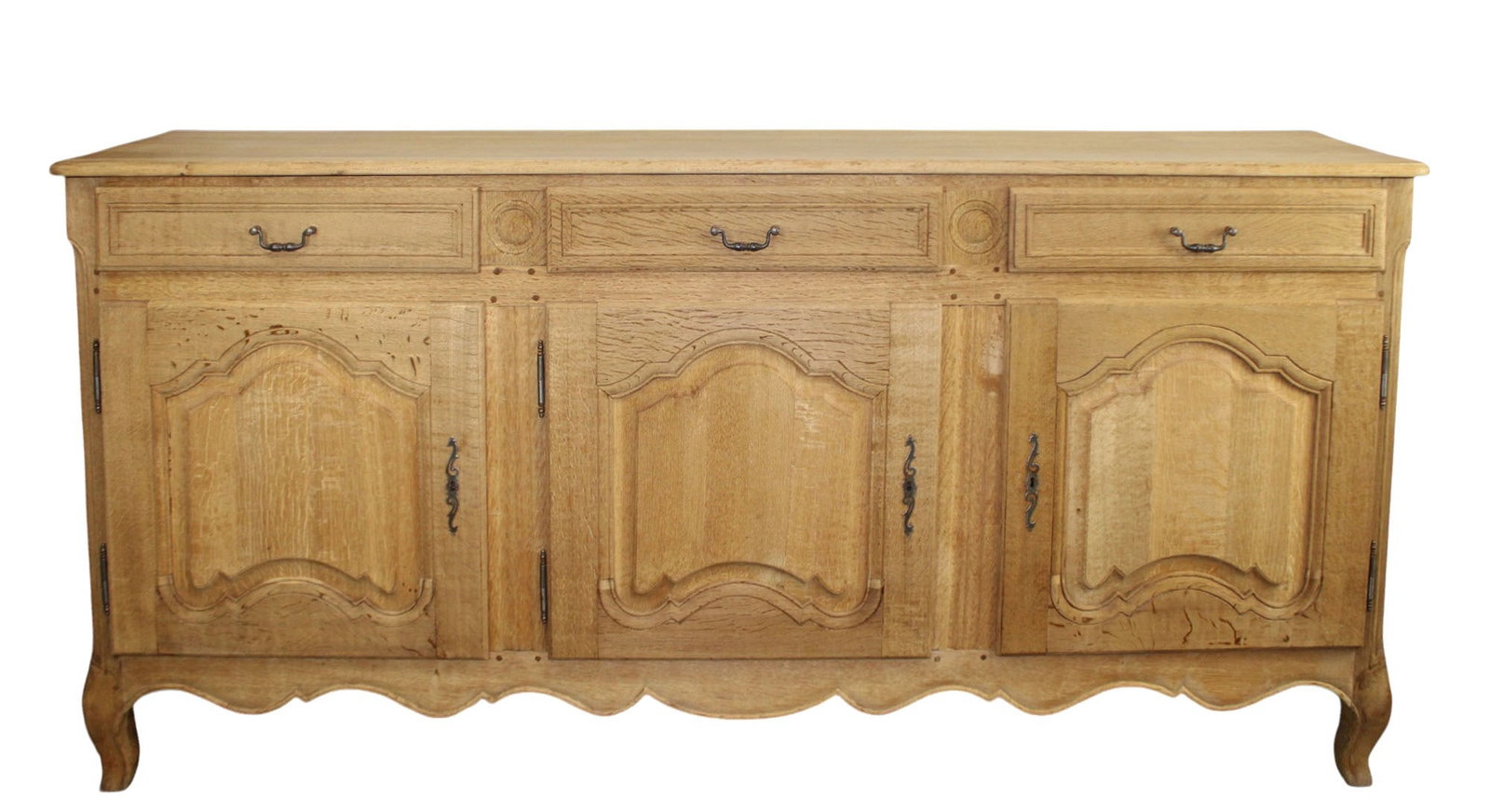 French Provincial 3 door enfilade in bleached oak: French Provincial 3 door enfilade in bleached oak. Mid 20th century. Has 3 keys. 42"h x 85"l x 19"d