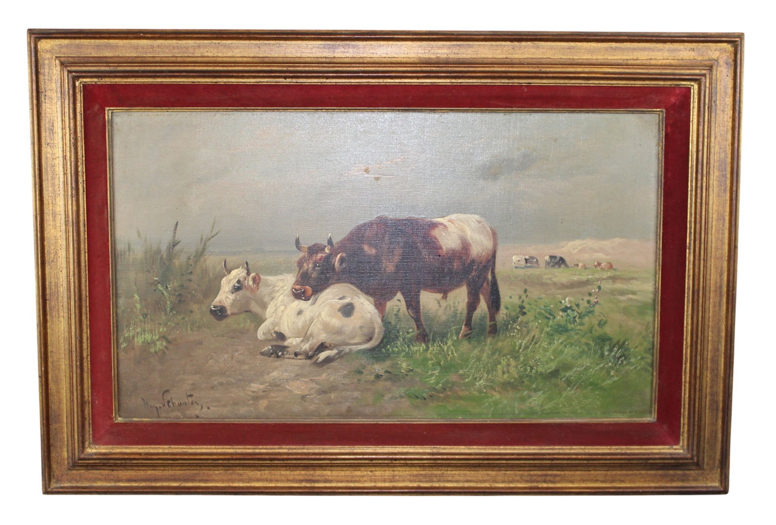 Henry Schouten (Belgian, 1857-1927) oil on canvas painting pastoral landscape with cows: Henry Schouten (Belgian, 1857-1927) oil on canvas painting pastoral landscape with cows - signed l/l Henry Schouten. Overall: 23 1/2"h x 35 1/4"w x 1 3/4"d. Sight: 15 3/8"h x 27 1/8"w. Weight: 6lbs.