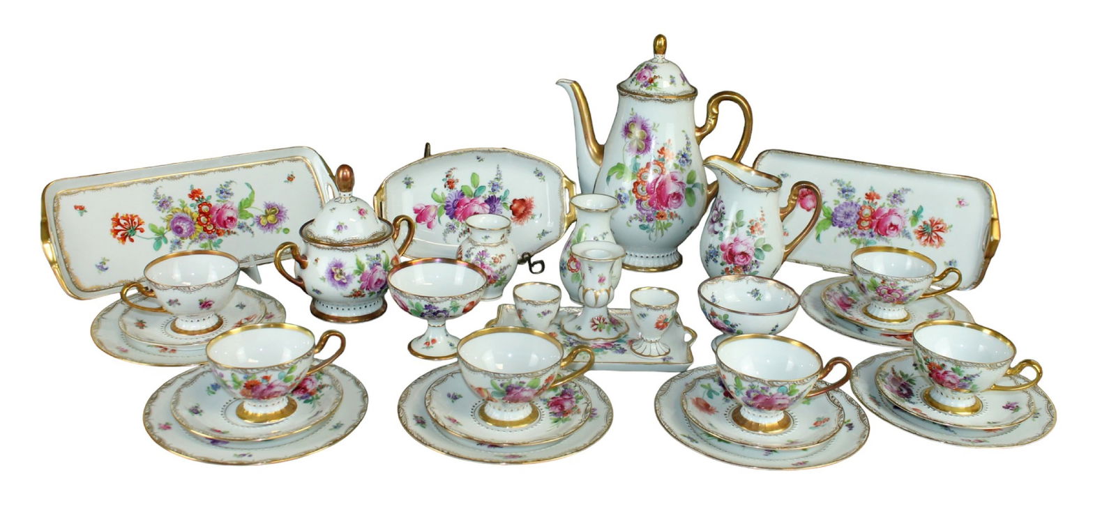 32 pieces Jaegar & Co Bavarian porcelain coffee service: 32 pieces Jaegar & Co Bavarian porcelain coffee service. Includes: 6 - 7 3/4" luncheon plates, 6 cups, 6 saucers, 2 egg cups, 2 bud vases, 1 candle holder, 2 sm footed bowls, 1 teapot, 1, creamer, 1 s