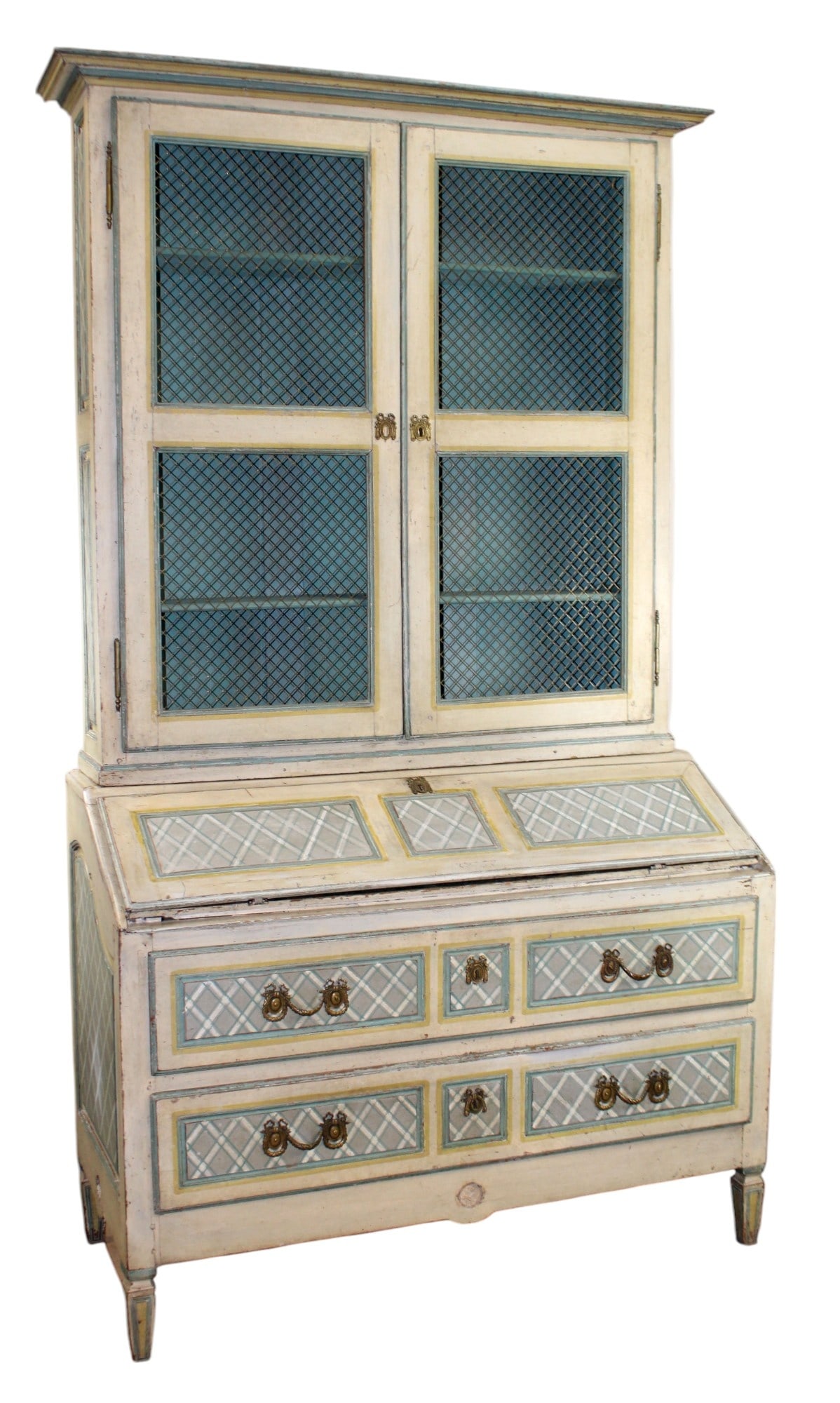Italian painted secretary desk: Italian painted secretary desk with wire doors. Early 19th century. 90"h x 50 1/4"w x 22"d