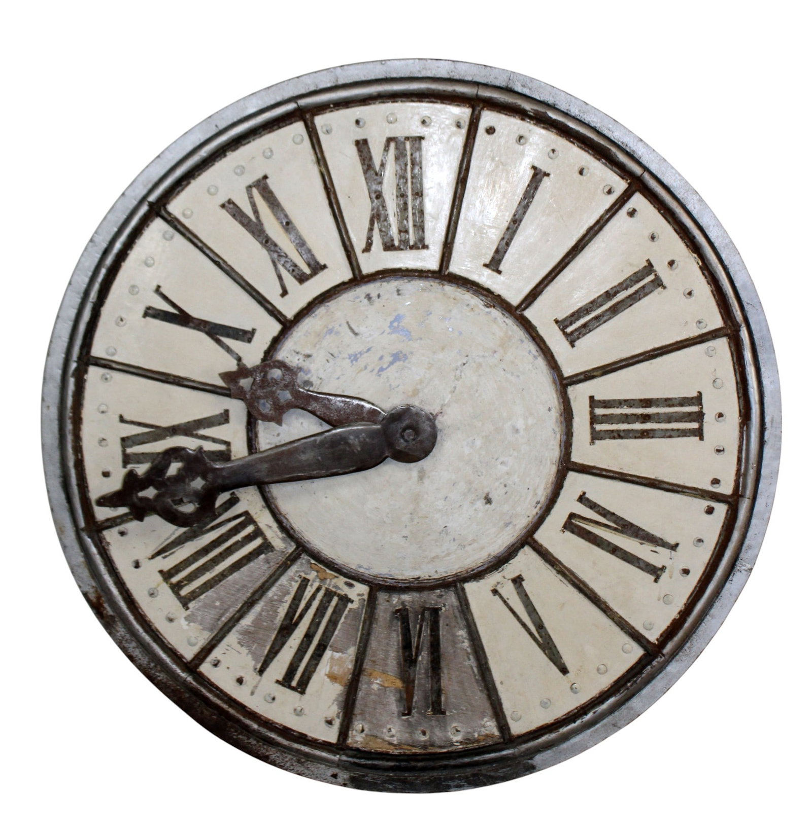 French painted wood and iron clock face: French painted wood and iron clock face. 43" dia x 2 5/8"d.