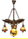 Bronze hanging bat chandelier with art glass shades