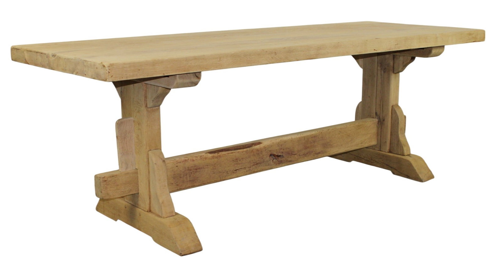 French natural oak trestle table: French natural oak trestle table. 30"h x 86 1/2"l x 32"w