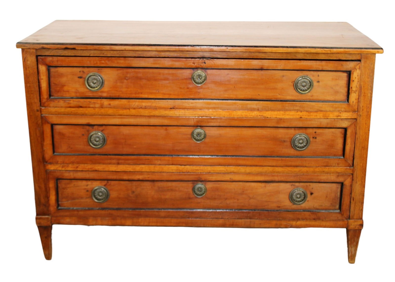 French Louis XVI 3 drawer commode in walnut: French Louis XVI 3 drawer commode in walnut with ebony trim. Early 19th century. 35 1/2"h x 52 3/4"w x 24 1/2"d