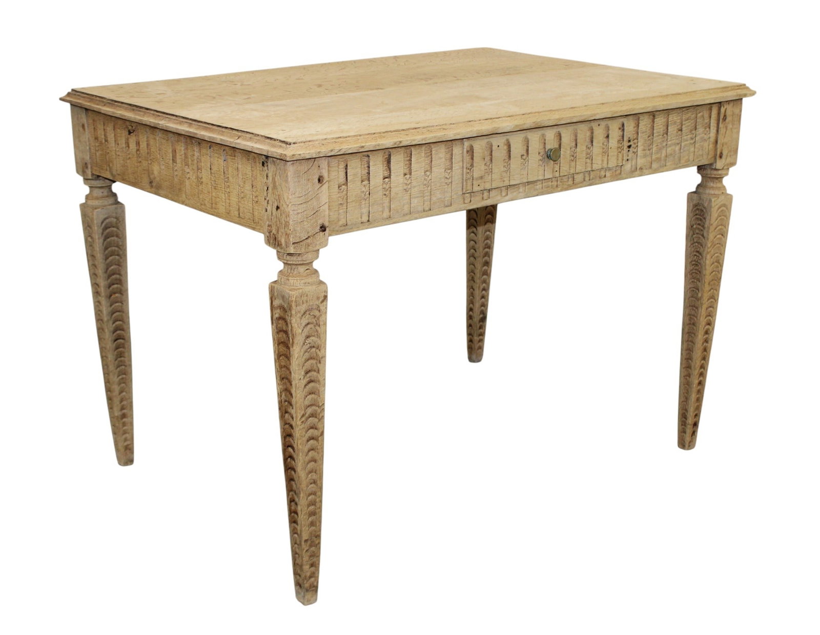 French bleached oak bureau plat desk on tapered carved legs with single drawer: French bleached oak bureau plat desk on tapered carved legs with single drawer. Late 19th century. 29 1/2"h x 41 1/2"w x 29 3/4"d