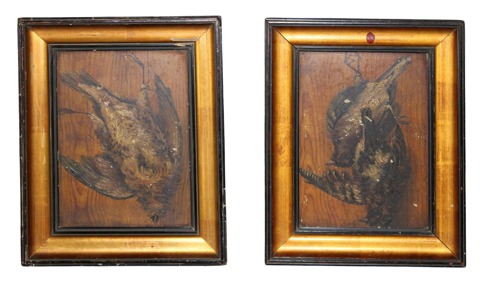 Lot of 2 French oil on board paintings still life with game: Lot of 2 French oil on board paintings still life with game. Apparently unsigned. Smaller: 10 1/2"h x 8 3/8"w x 1 7/8"d, sight: 7 5/8"h x 5 3/8"w. Larger: 10 3/4"h x 8 3/8"w x 1 3/4"d, sight: 7 5/8"h