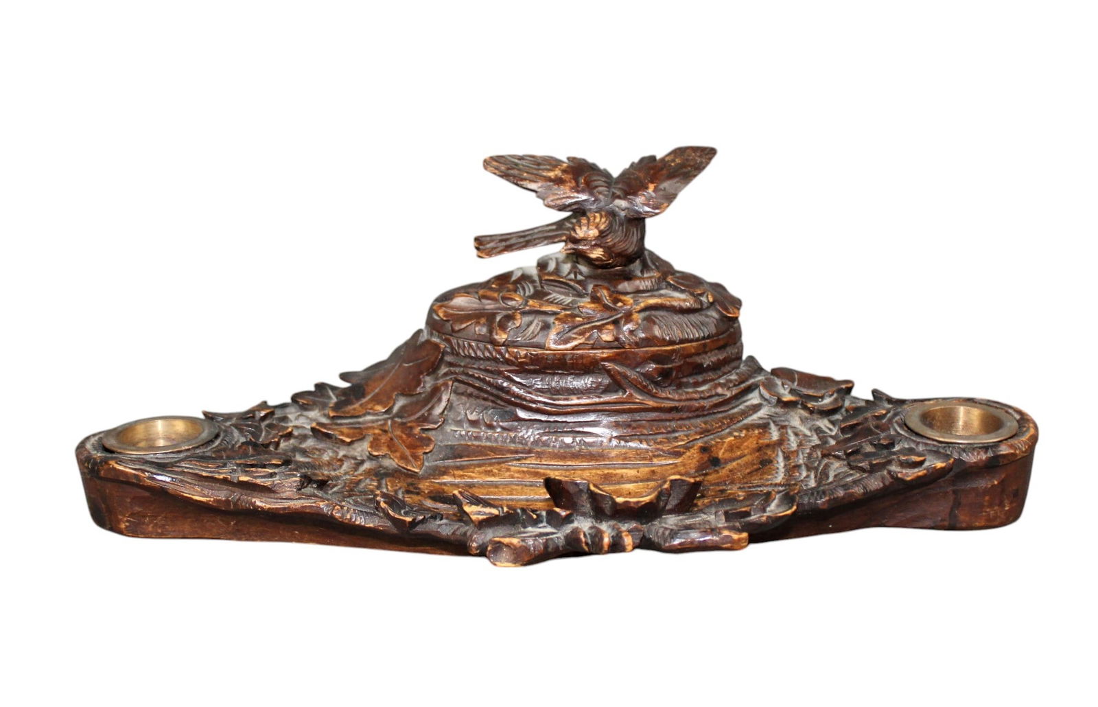 Black Forest carved walnut inkwell with bird: Black Forest carved walnut inkwell with bird. Late 19th century. 4 1/8"h x 12 1/8"w x 6 3/8"d Weight: 1lb